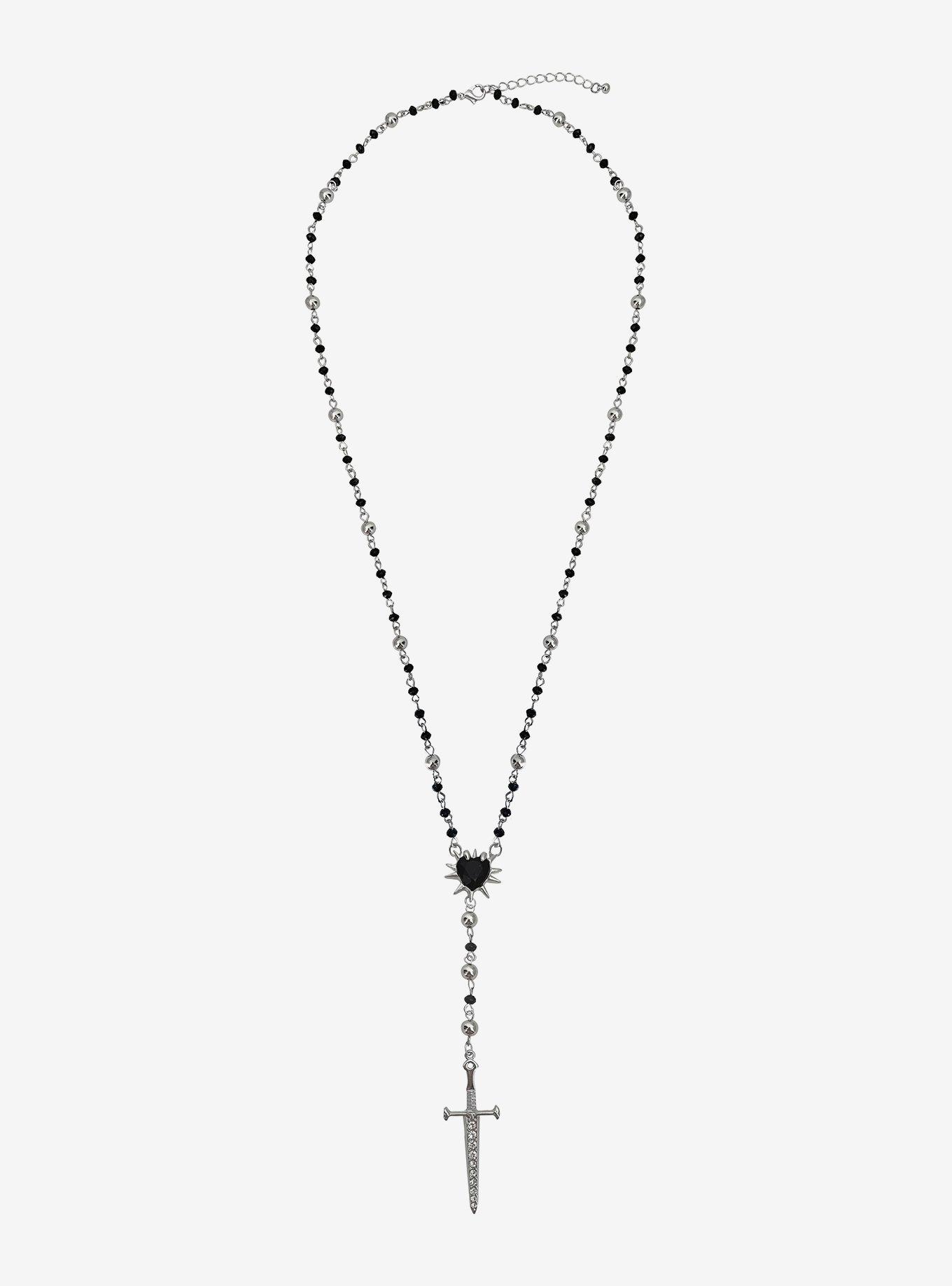 Social Collision Spike Heart Dagger Rosary Necklace, , hi-res