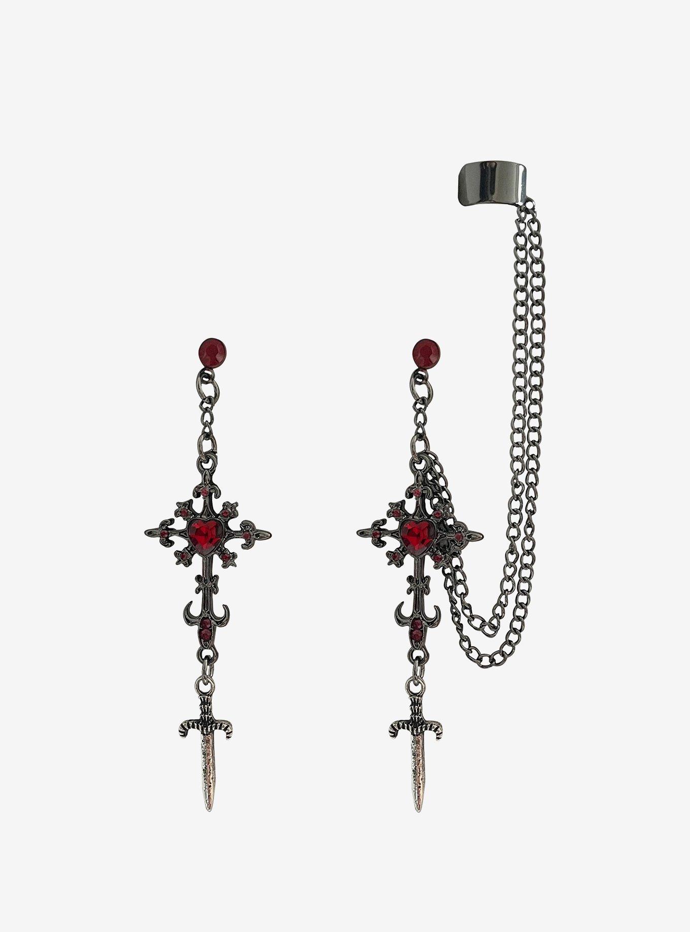 Social Collision Gothic Cross Dagger Cuff Earrings, , hi-res