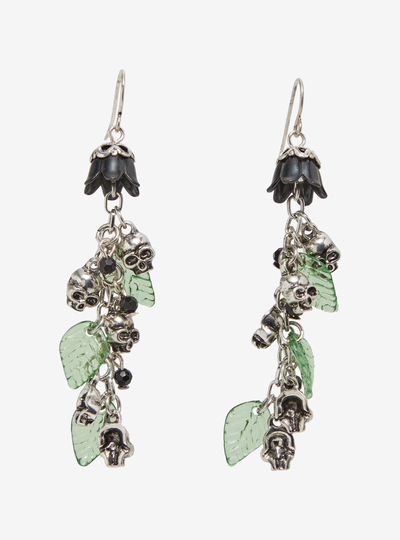 Thorn & Fable Skull Flower Drop Earrings, , hi-res