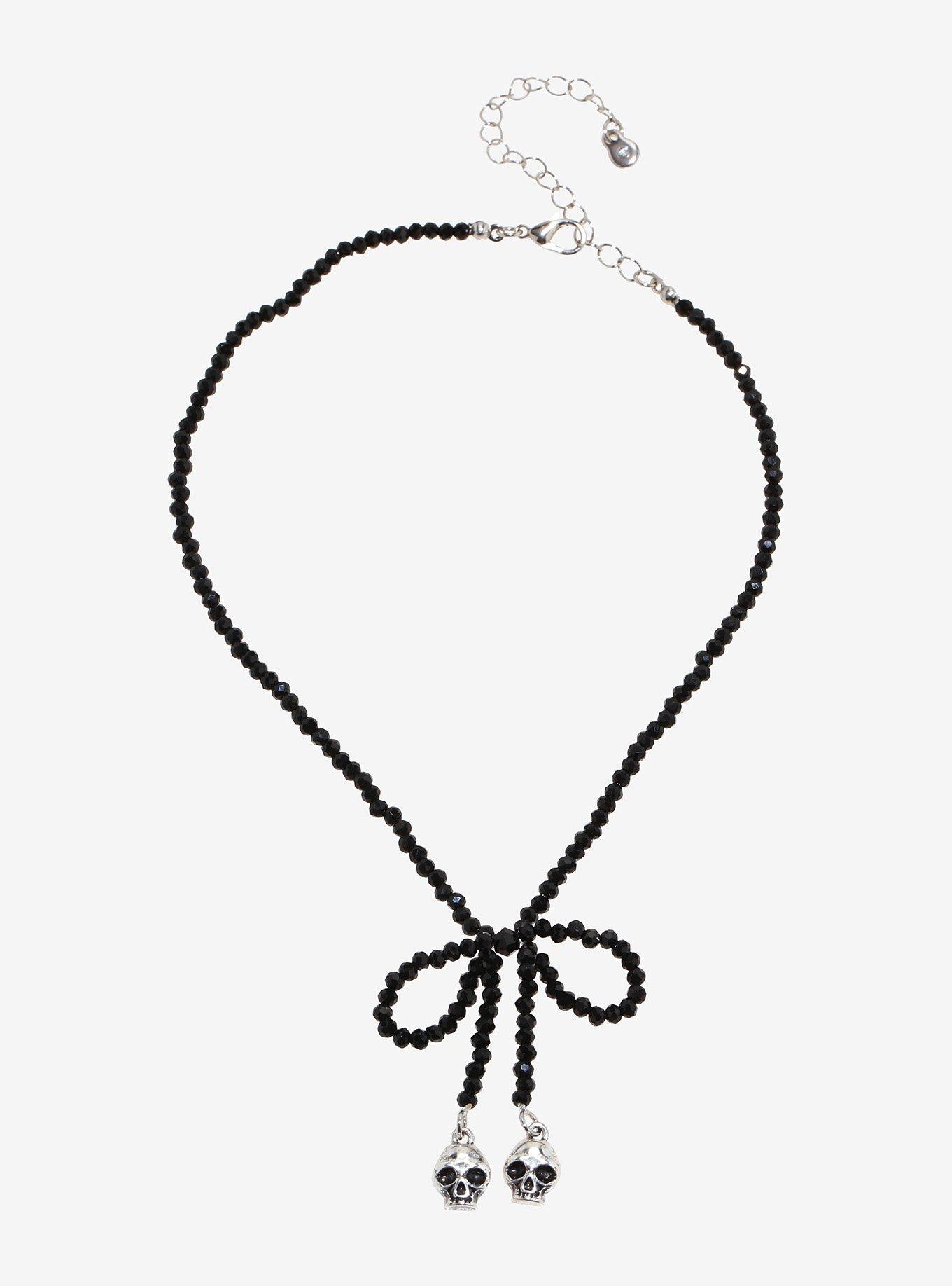 Social Collision Beaded Bow & Skull Charm Necklace, , hi-res