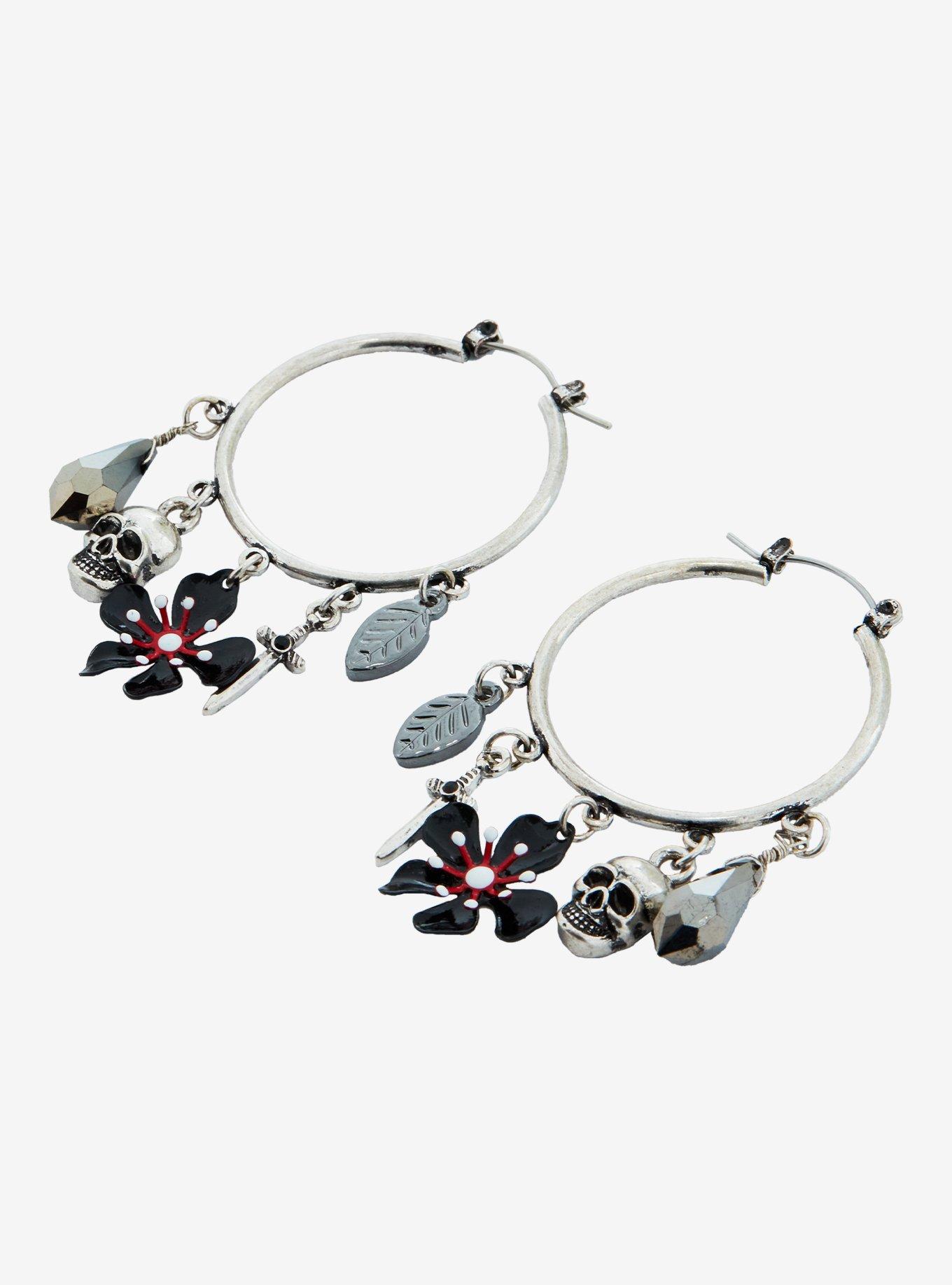 Social Collision Skull & Sword Charm Hoop Earrings, , alternate