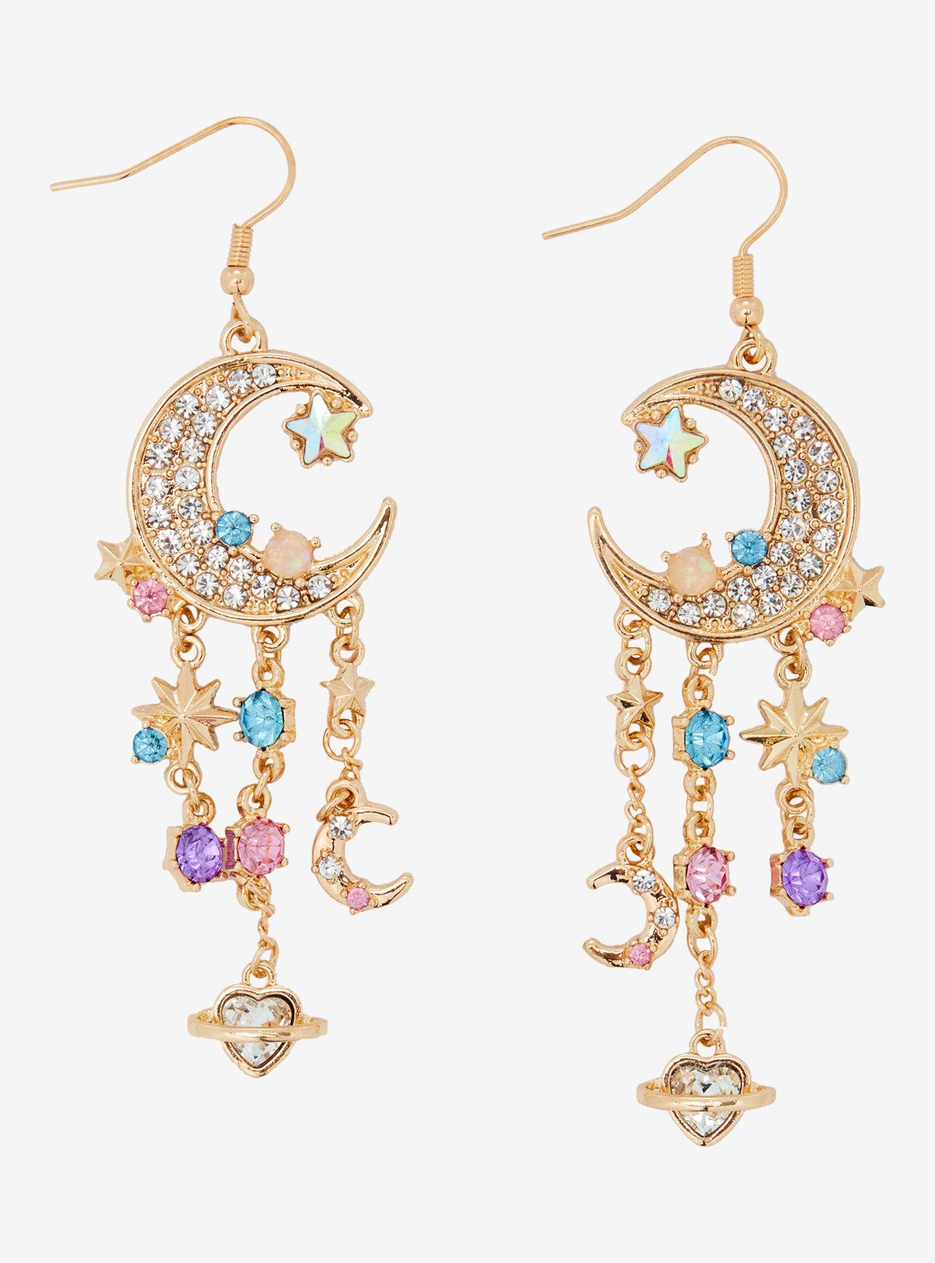 Cosmic Aura Jeweled Crescent Moon Chandelier Earrings, , hi-res