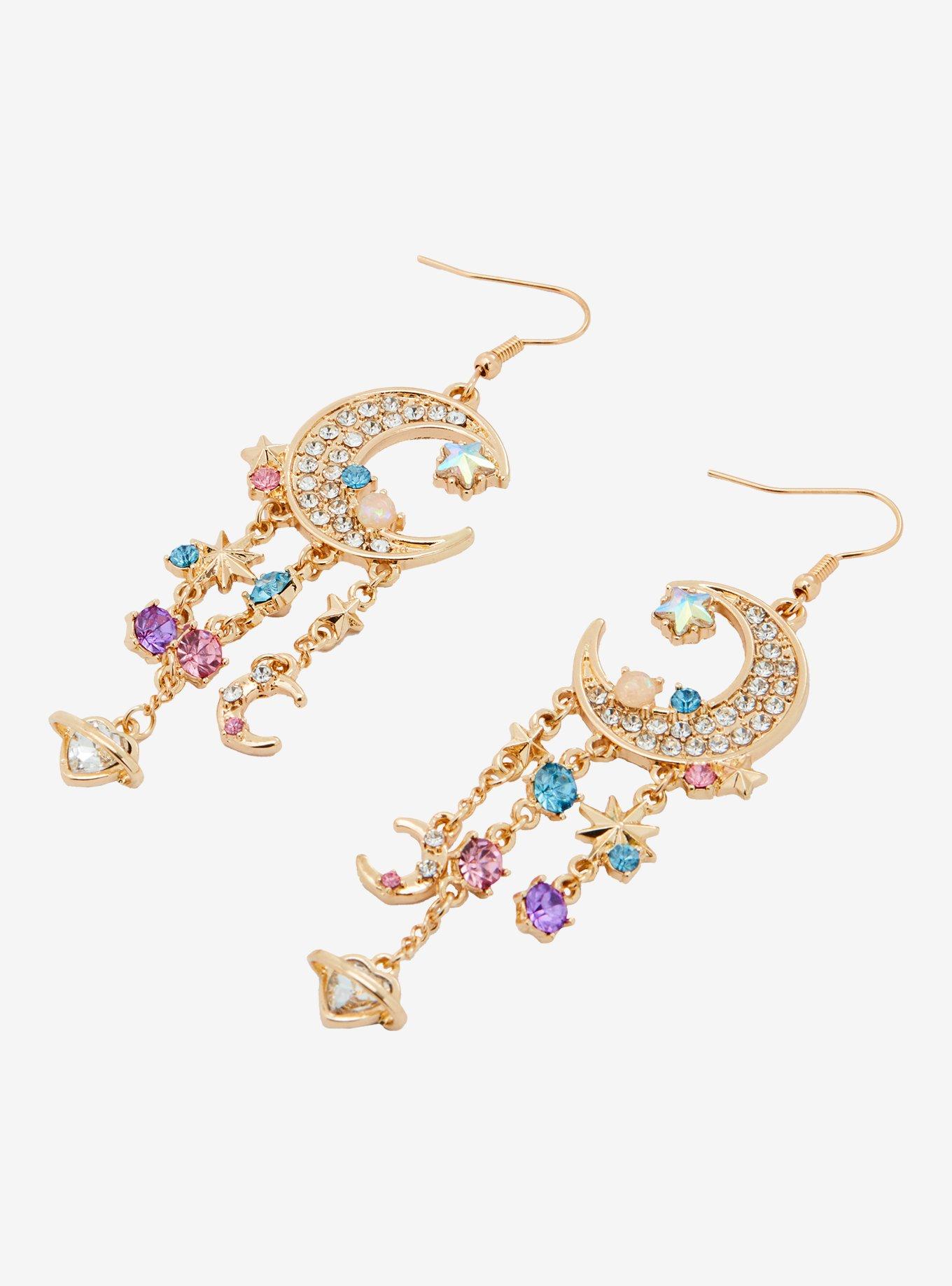 Cosmic Aura Jeweled Crescent Moon Chandelier Earrings, , alternate