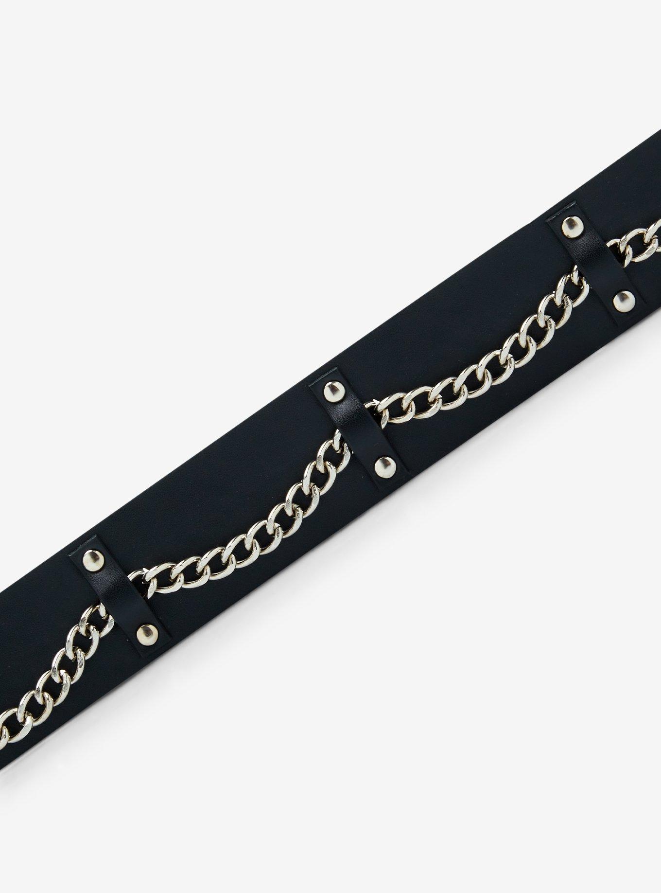 Black Faux Leather Silver Chain Stud Belt, , hi-res