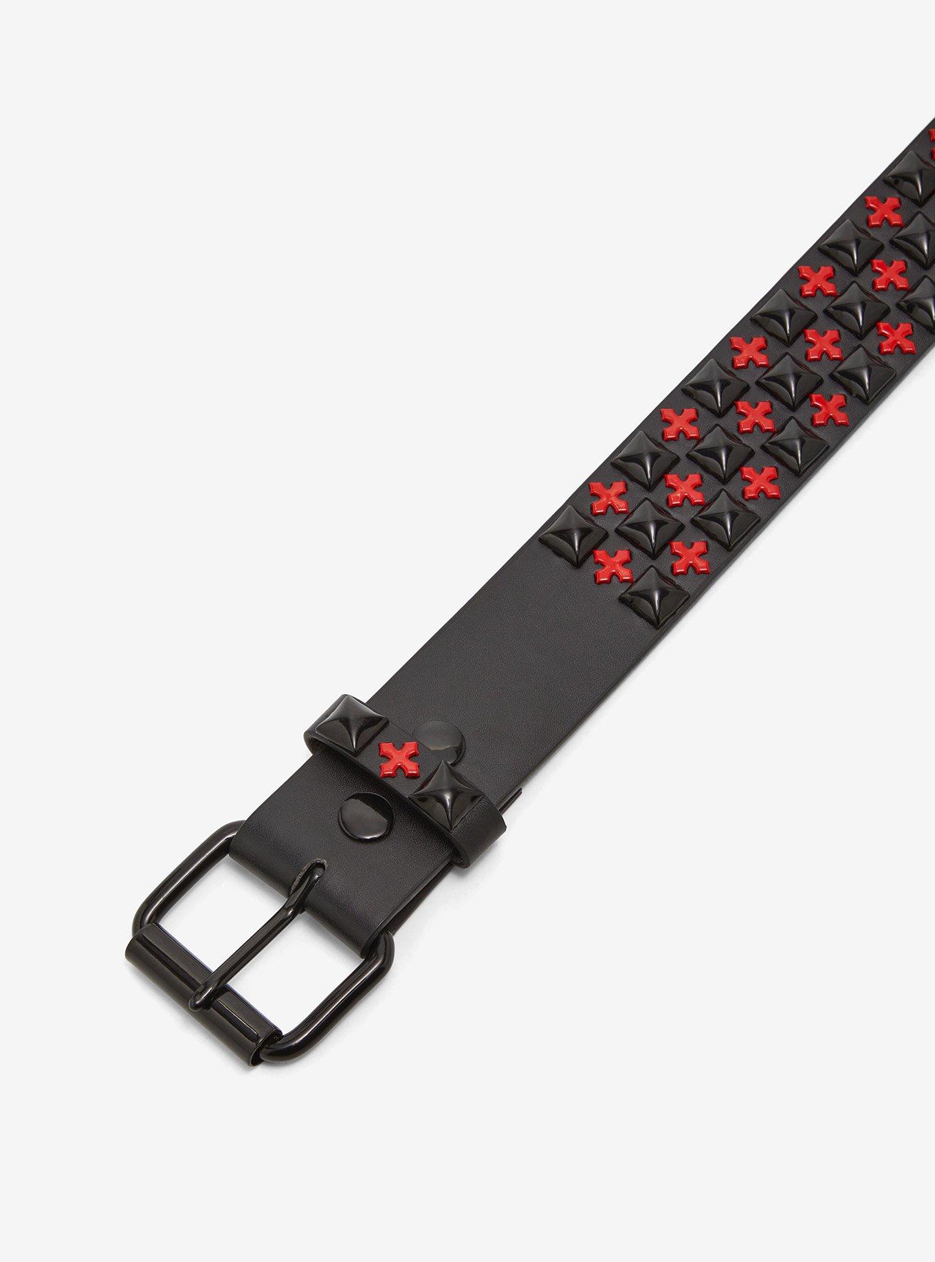 Black & Red Cross Pyramid Stud Belt, , hi-res