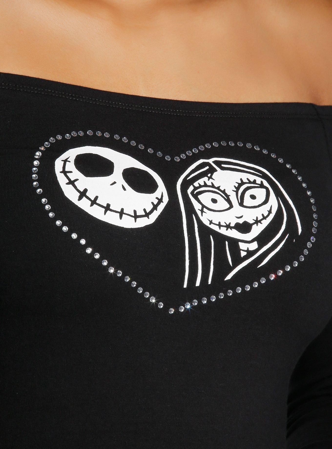 Her Universe The Nightmare Before Christmas Jack & Sally Rhinestone Heart Off-Shoulder Girls Long-Sleeve Top, BLACK, alternate