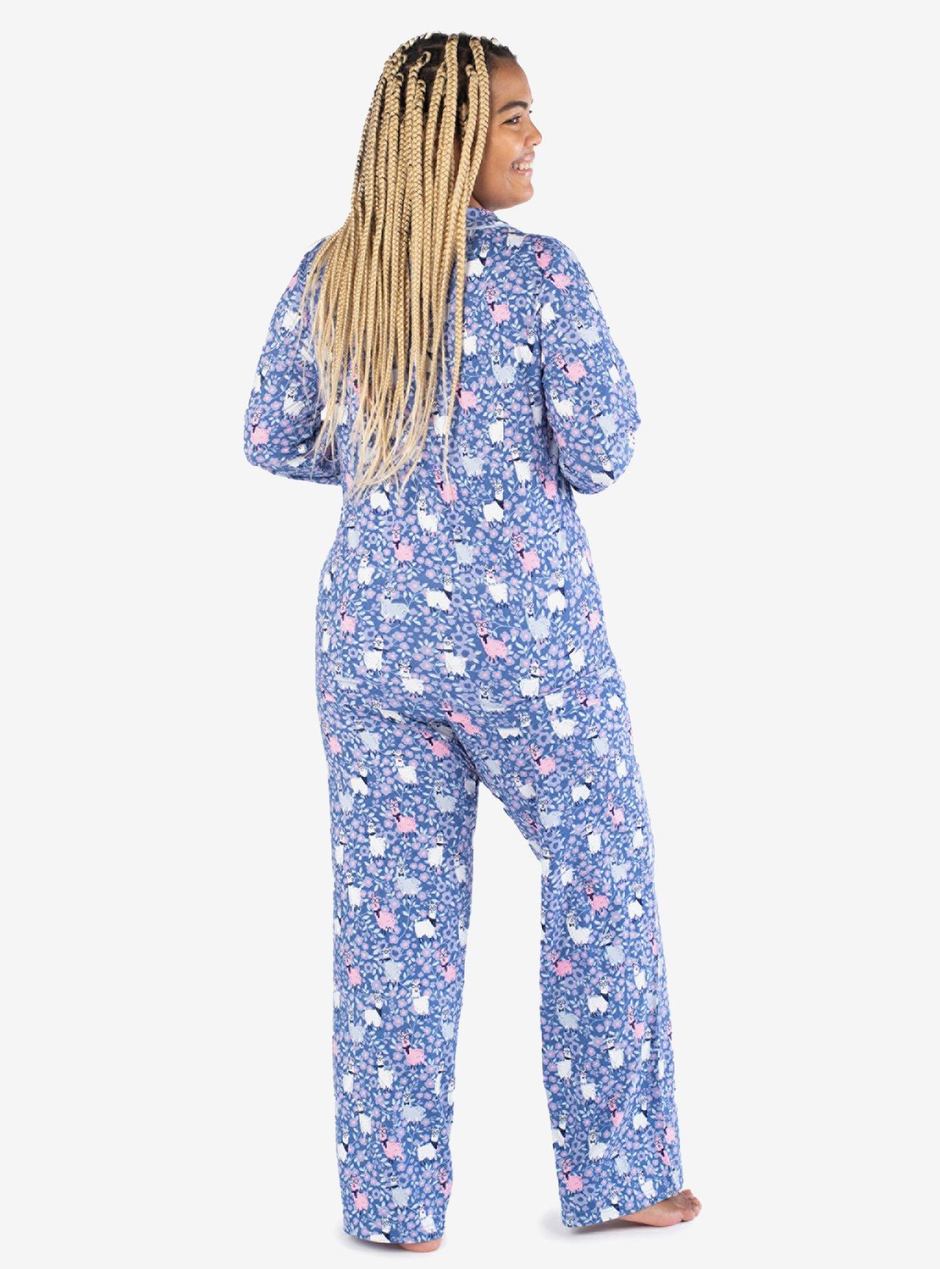 Floral Hipster Llama Notch Collar Pajama Set, BLUE  PURPLE, alternate