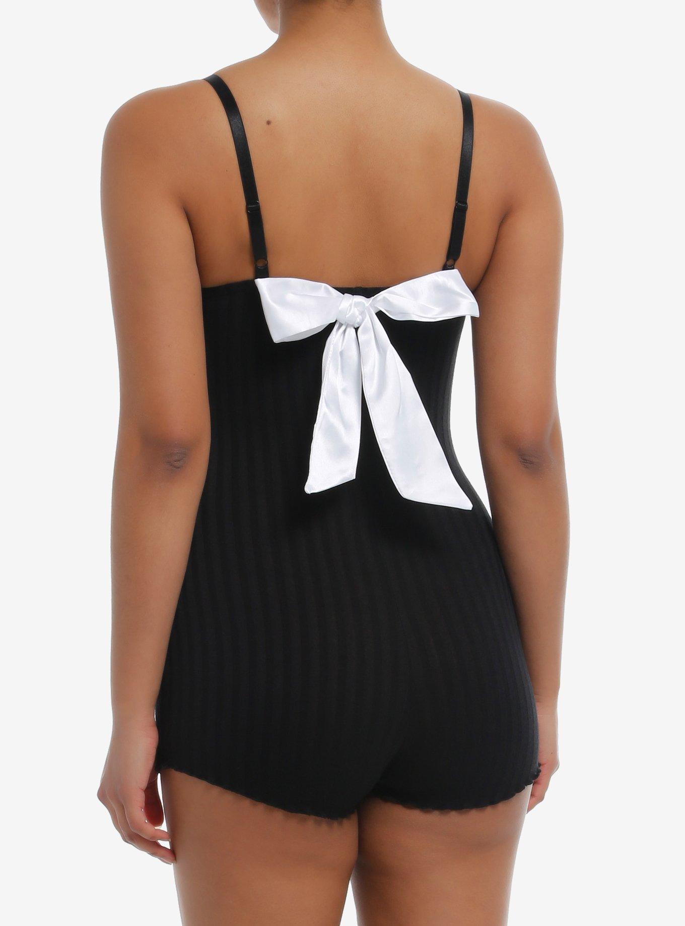 Sweet Society White Lace Bow Ribbed Cami Lounge Romper, BLACK, alternate