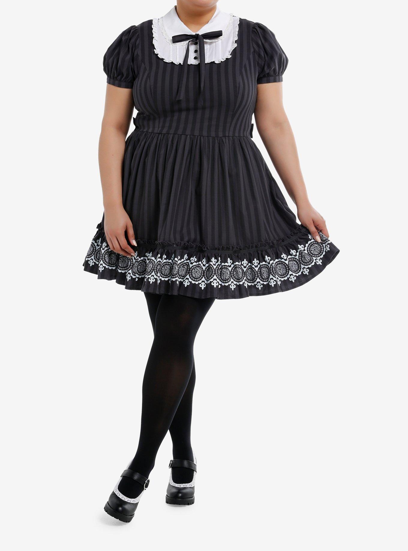 Black Butler Stripe Collared Dress Plus Size, , hi-res