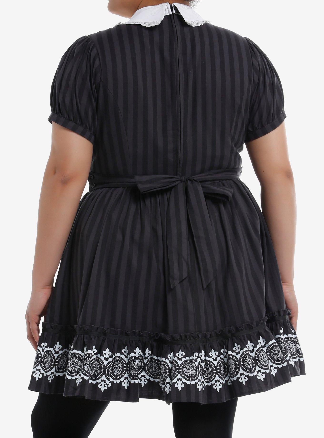 Black Butler Stripe Collared Dress Plus Size, BLACK, alternate
