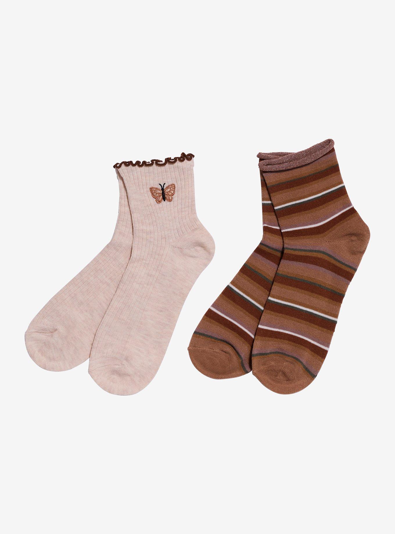 Brown Butterfly Stripe Ankle Socks 2 Pair, , hi-res