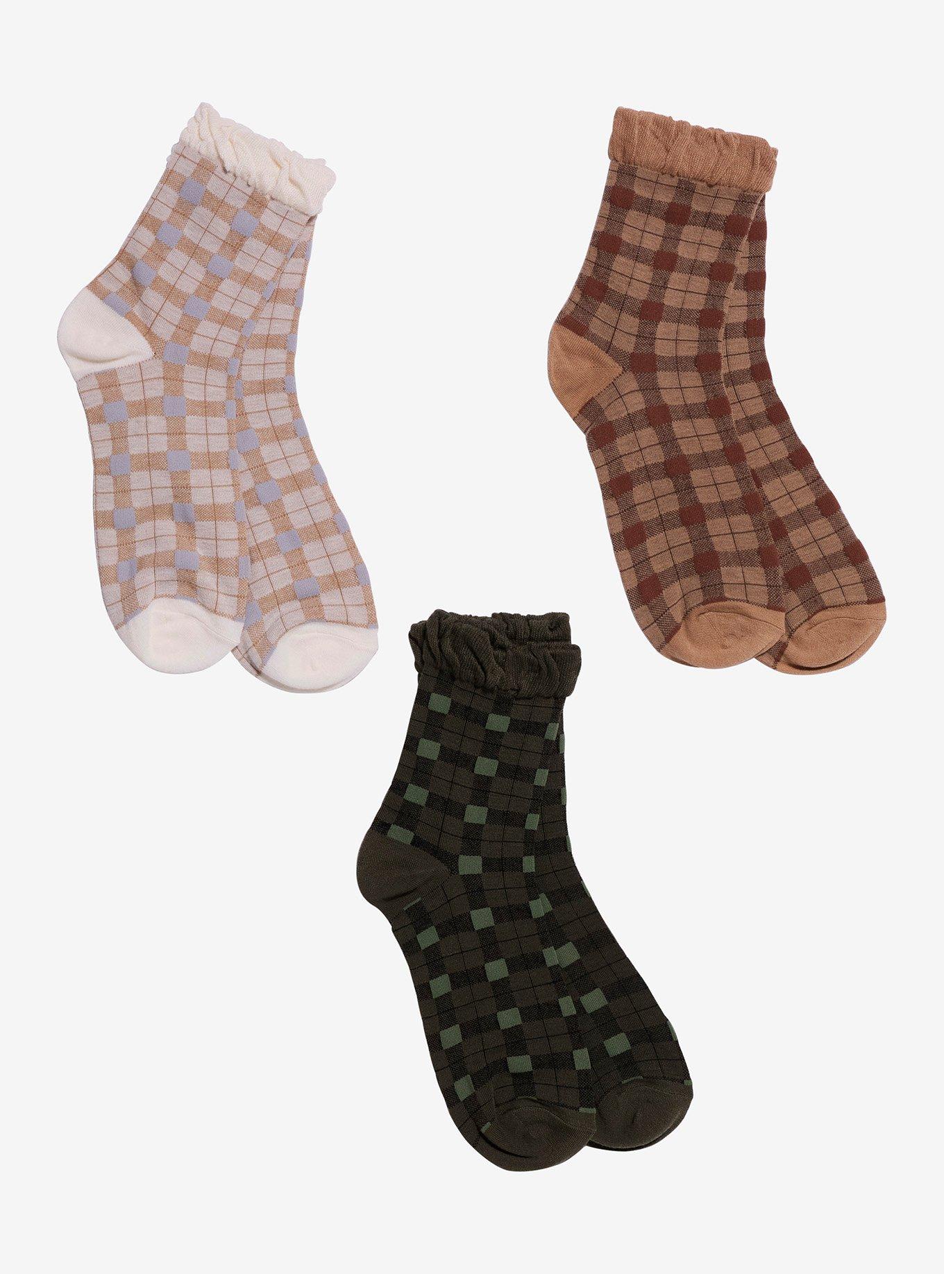 Earth Tone Plaid Ruffle Ankle Socks 3 Pair, , hi-res