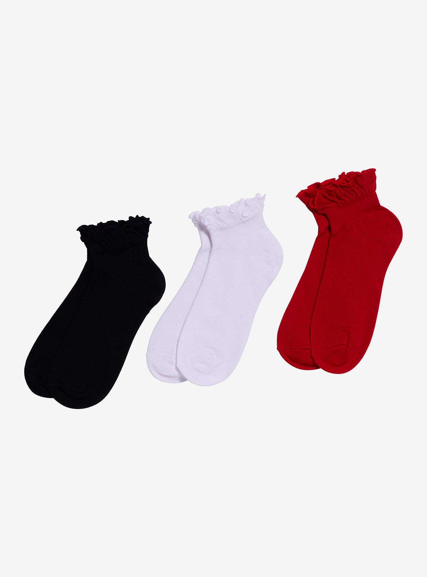 Red White Black Ruffle Ankle Socks 3 Pair, , hi-res