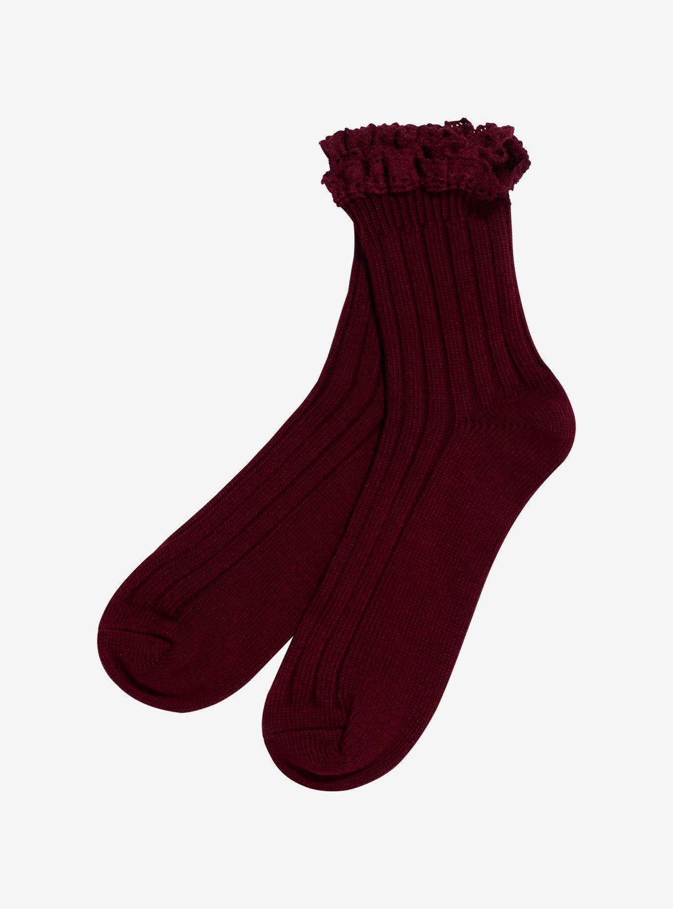 Burgundy Ribbed Lace Crew Socks, , hi-res