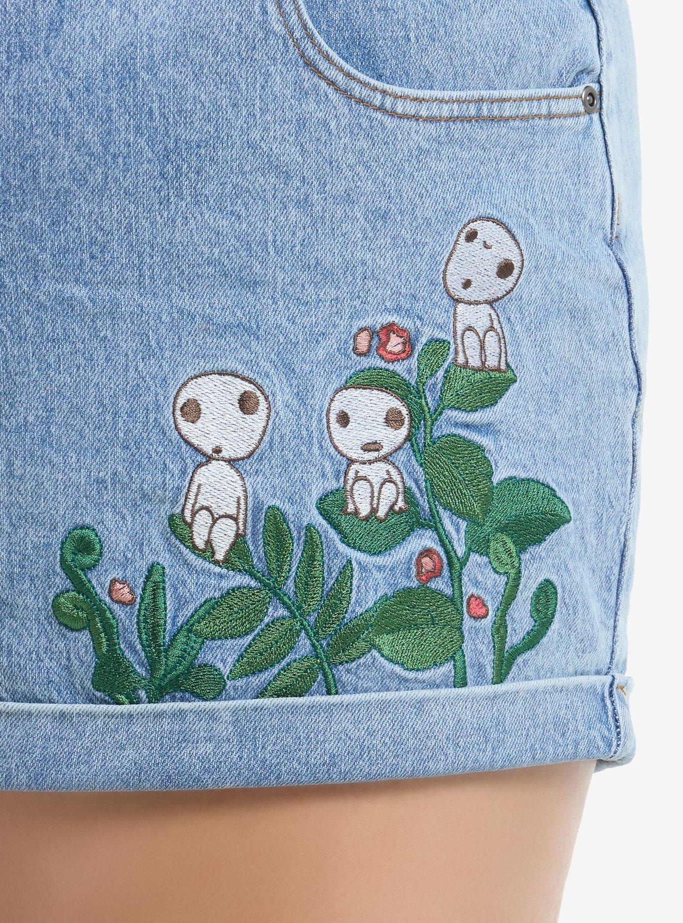 Her Universe Studio Ghibli® Princess Mononoke Kodama Embroidered Denim Mom Shorts, MULTI, alternate