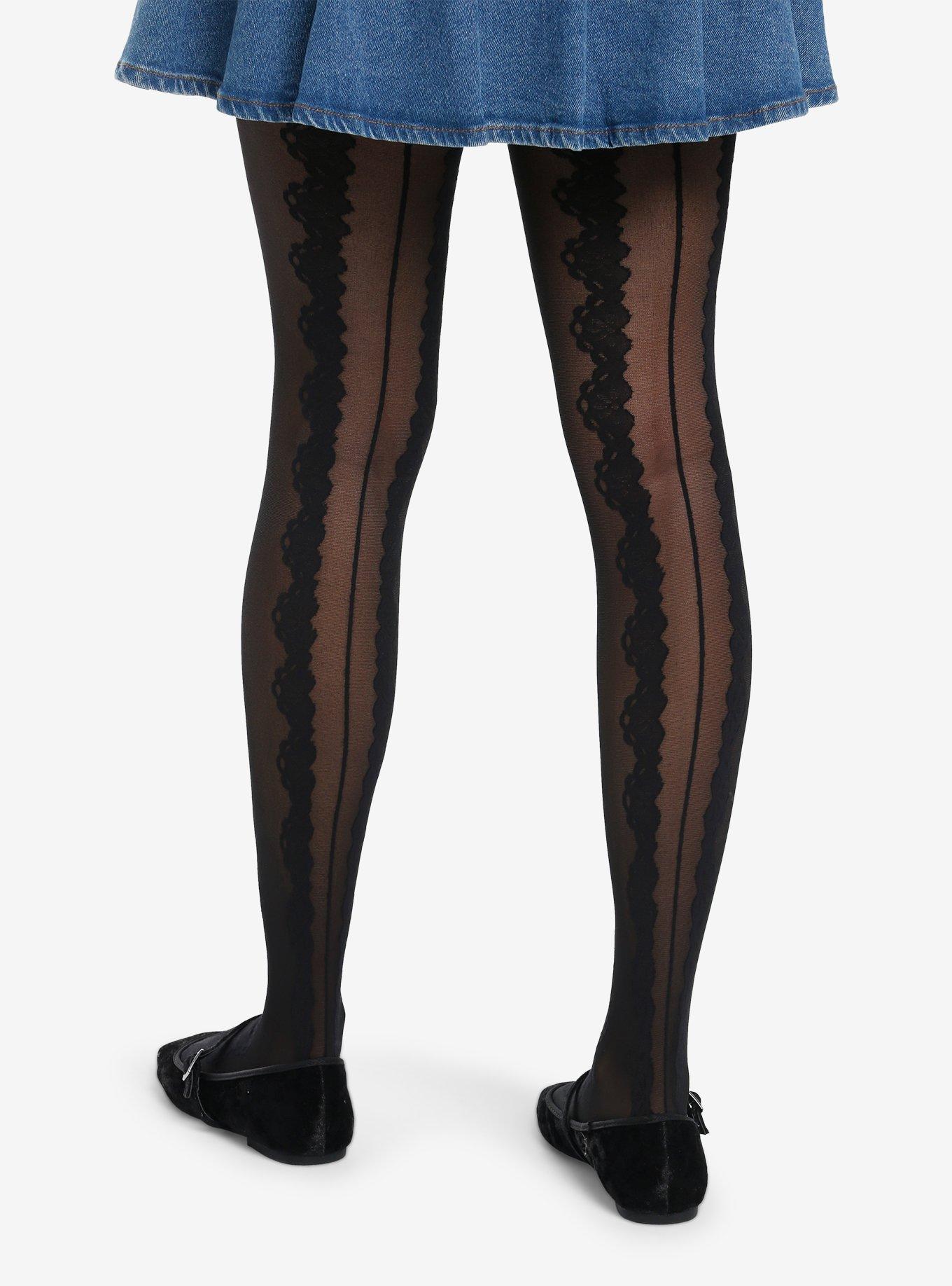 Black Faux Lace Sheer Tights, , hi-res