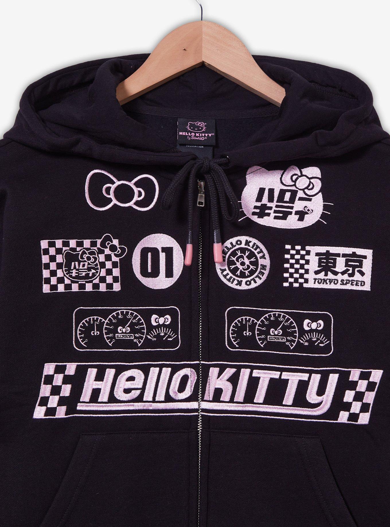 Sanrio Hello Kitty Racing Patches Cropped Women's Plus Size Zippered Hoodie - BoxLunch Exclusive, BLACK, alternate