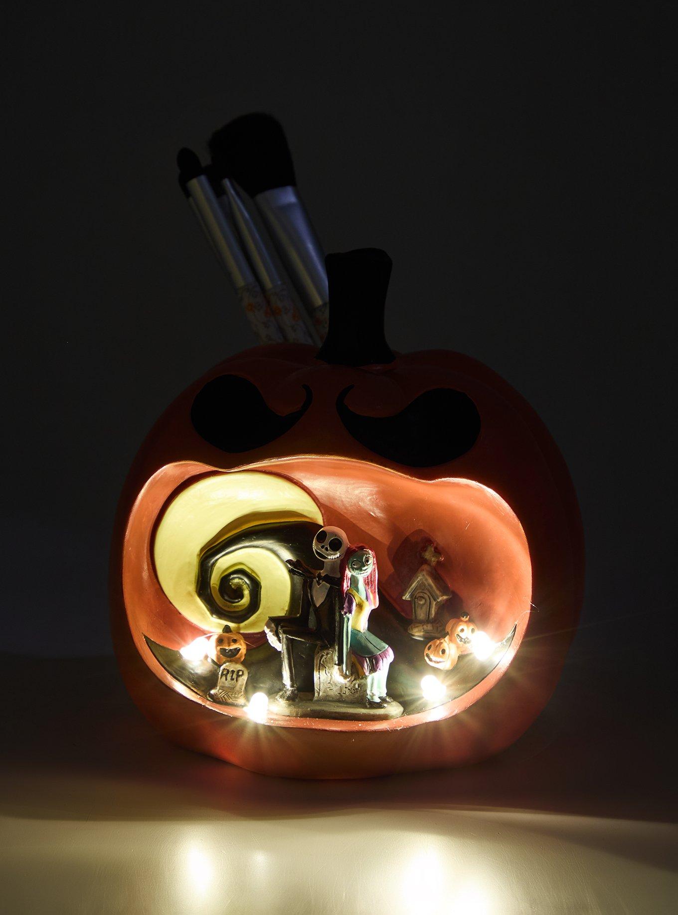 Disney The Nightmare Before Christmas Jack & Sally Pumpkin Light-Up Makeup Brush Holder & Brush Set - BoxLunch Exclusive, , hi-res