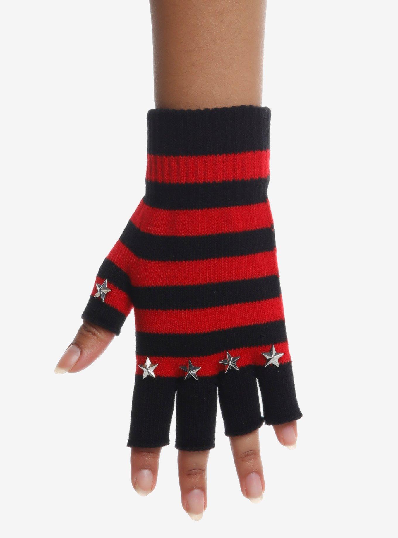 Red & Black Stripe Star Stud Fingerless Gloves, , hi-res