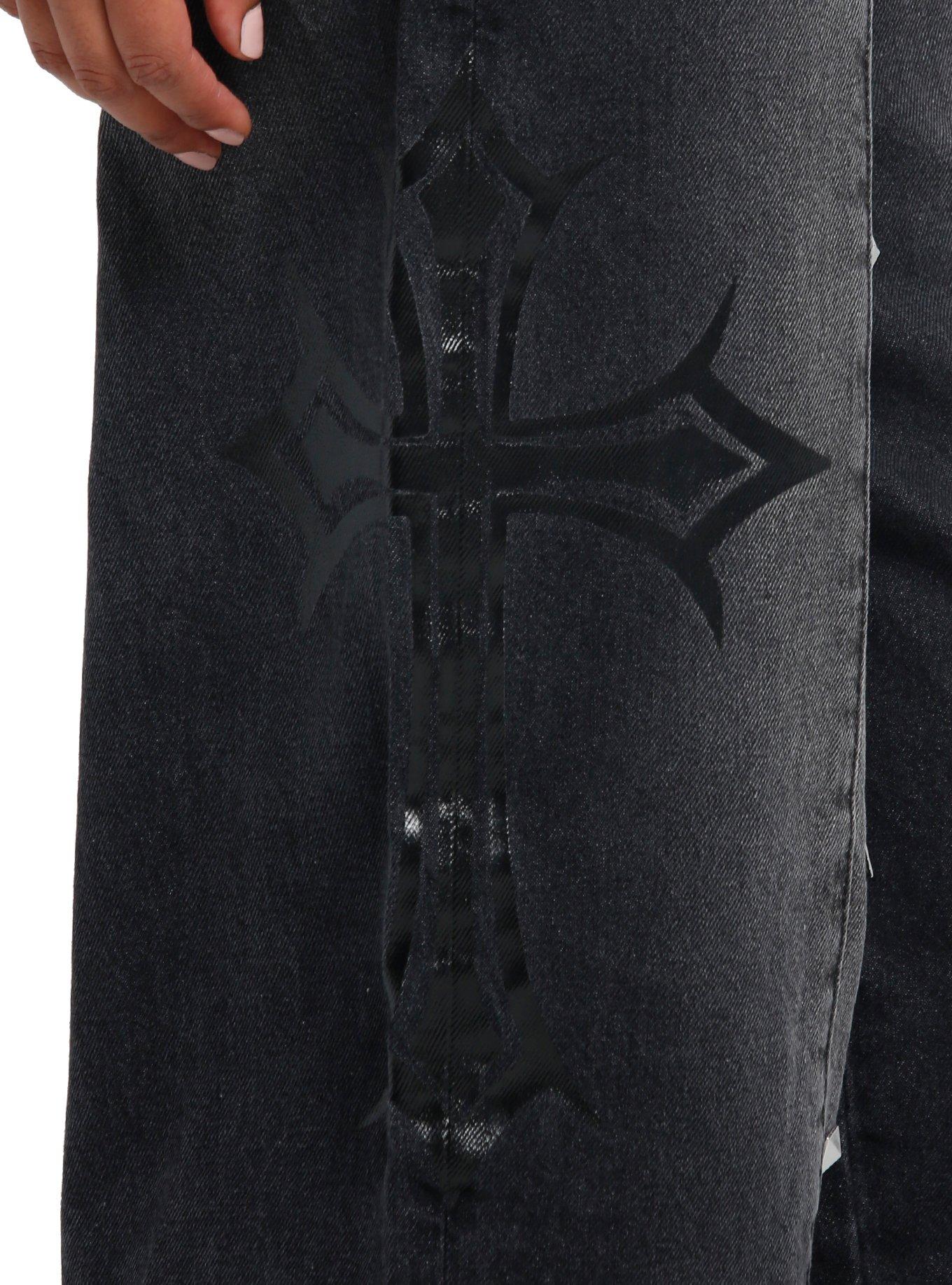 Black Gothic Cross & Stud Wide Leg Jeans, SILVER, alternate