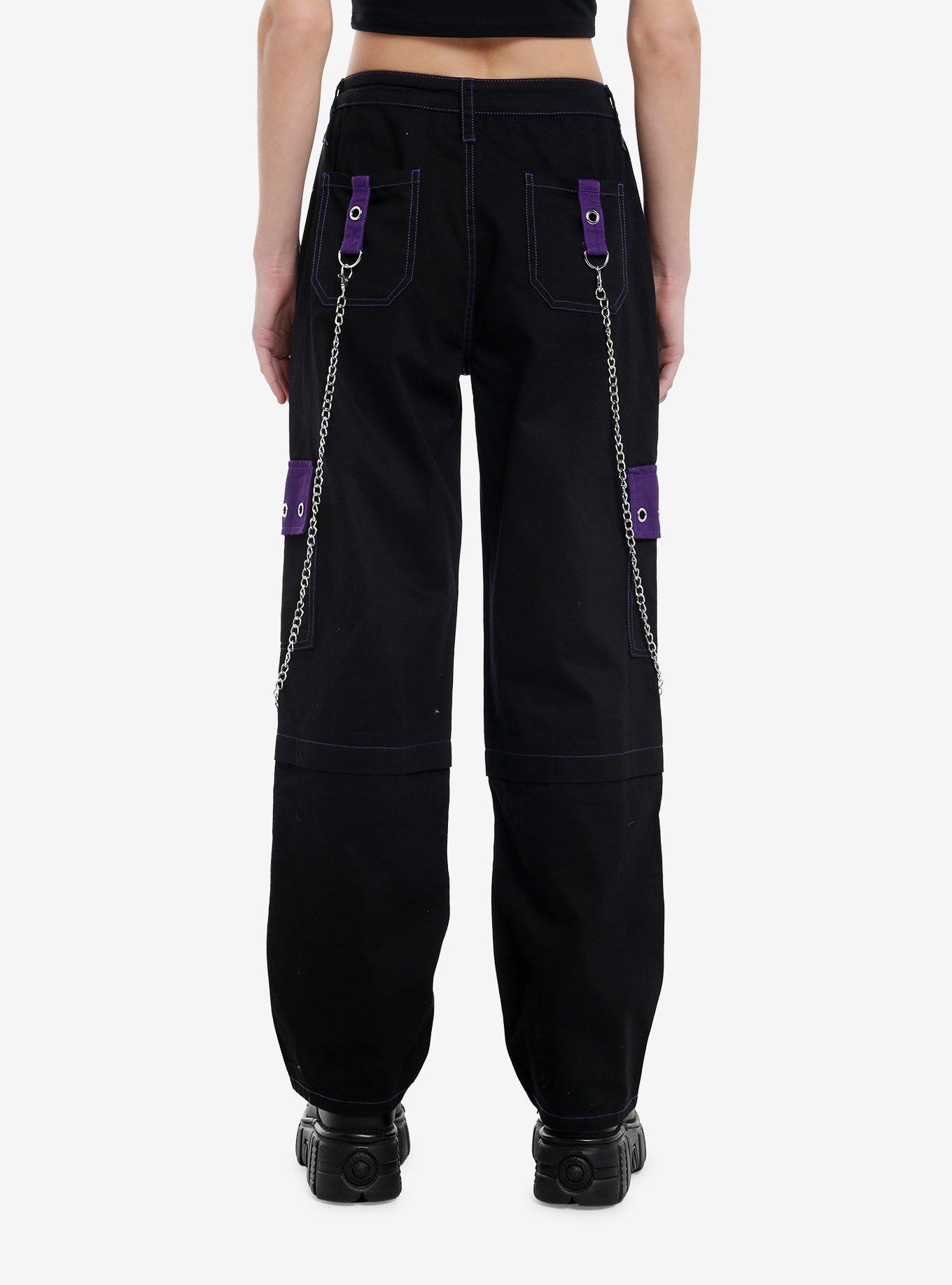 Black & Purple Grommet Strap Carpenter Pants, , hi-res