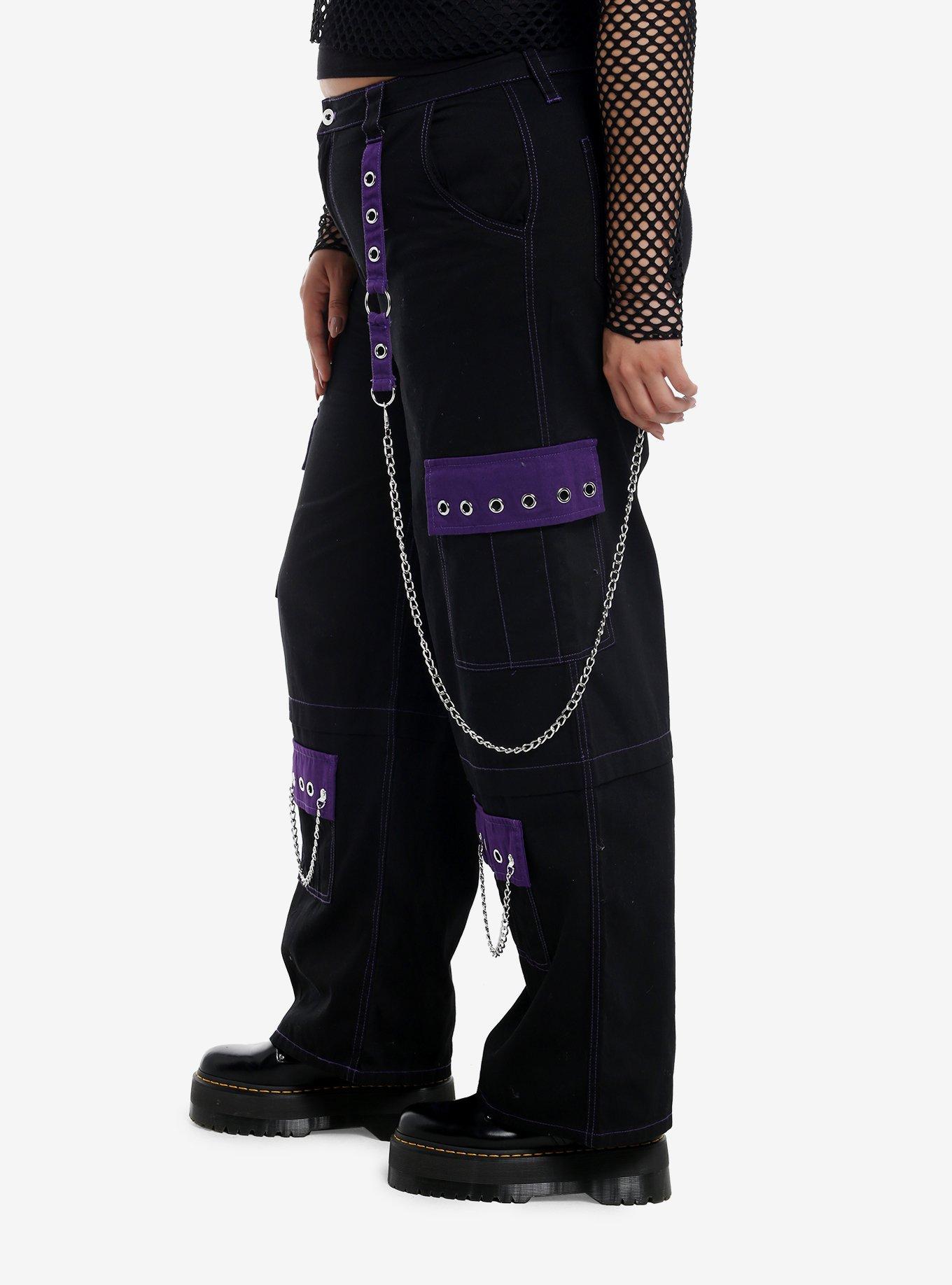 Black & Purple Grommet Strap Carpenter Pants Plus Size, PURPLE, alternate