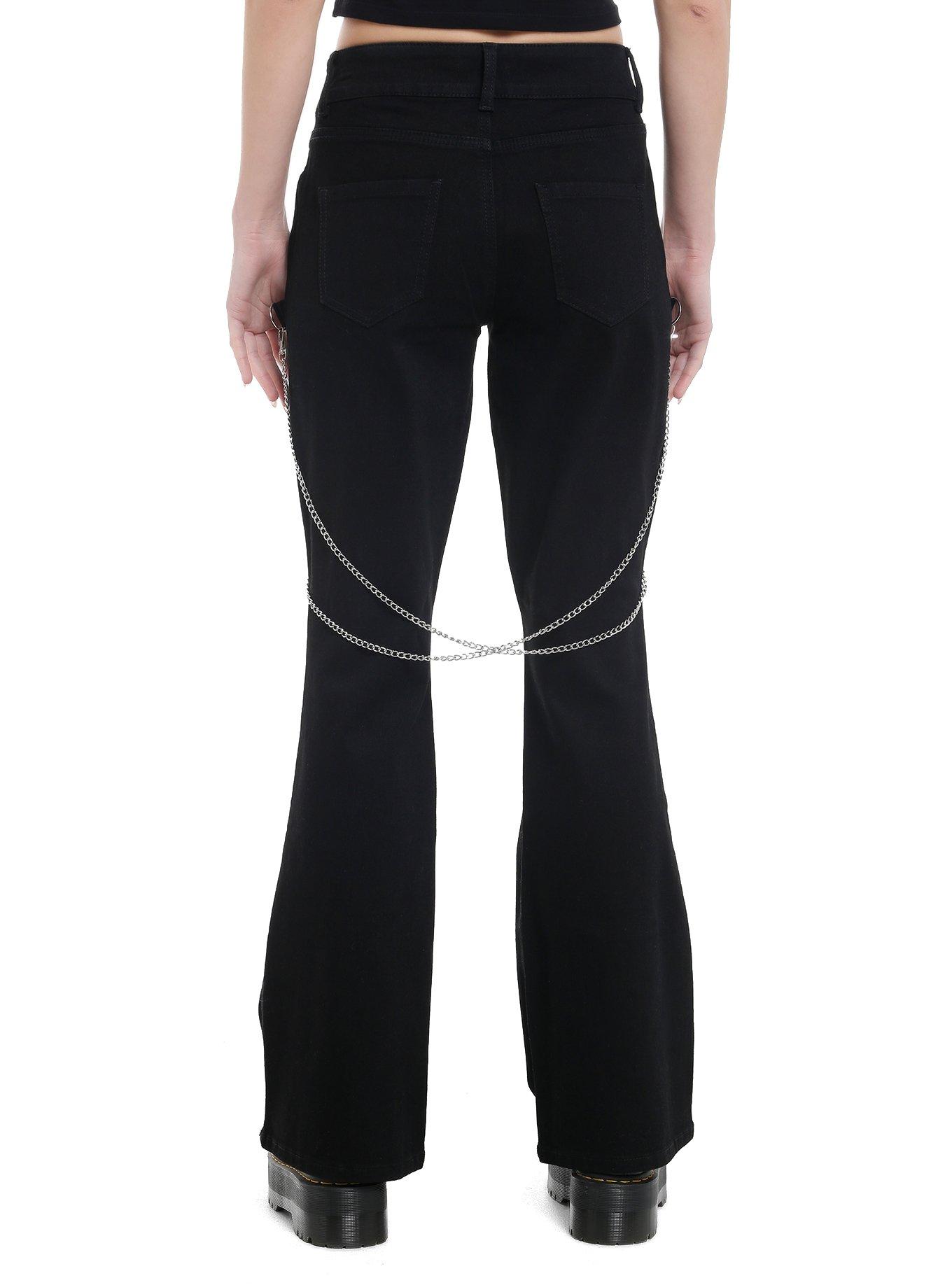 Black Suspender Chain Zipper Flare Pants, , hi-res