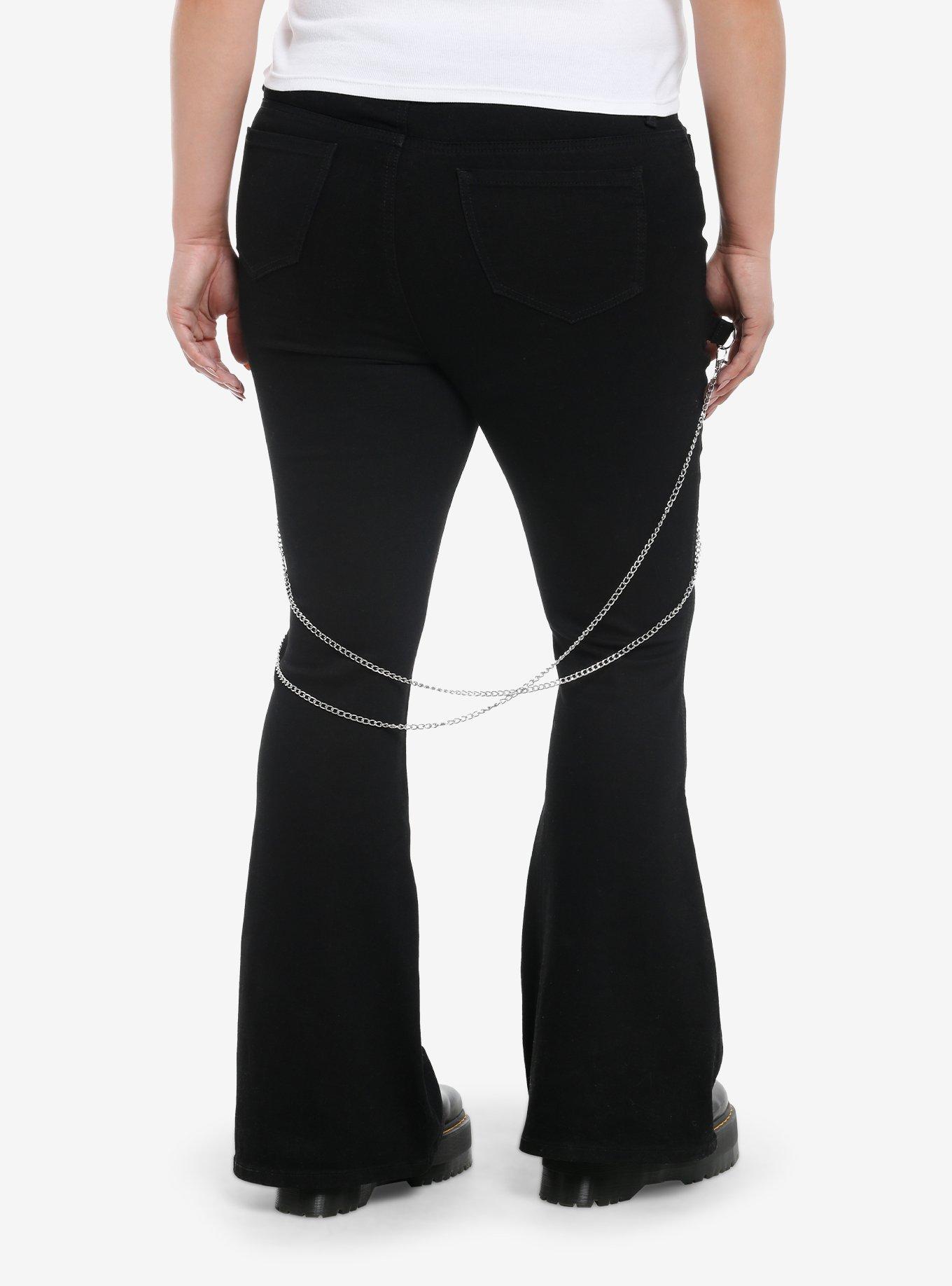 Black Suspender Chain Zipper Flare Pants Plus Size, , hi-res