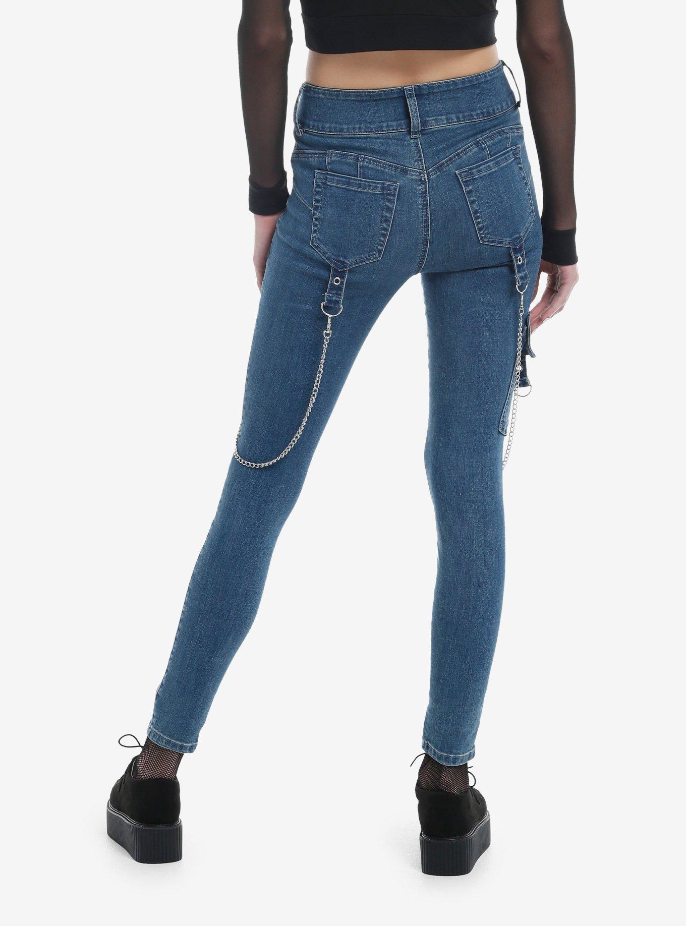 Light Indigo Grommets & Chains Girls Skinny Jeans, , hi-res