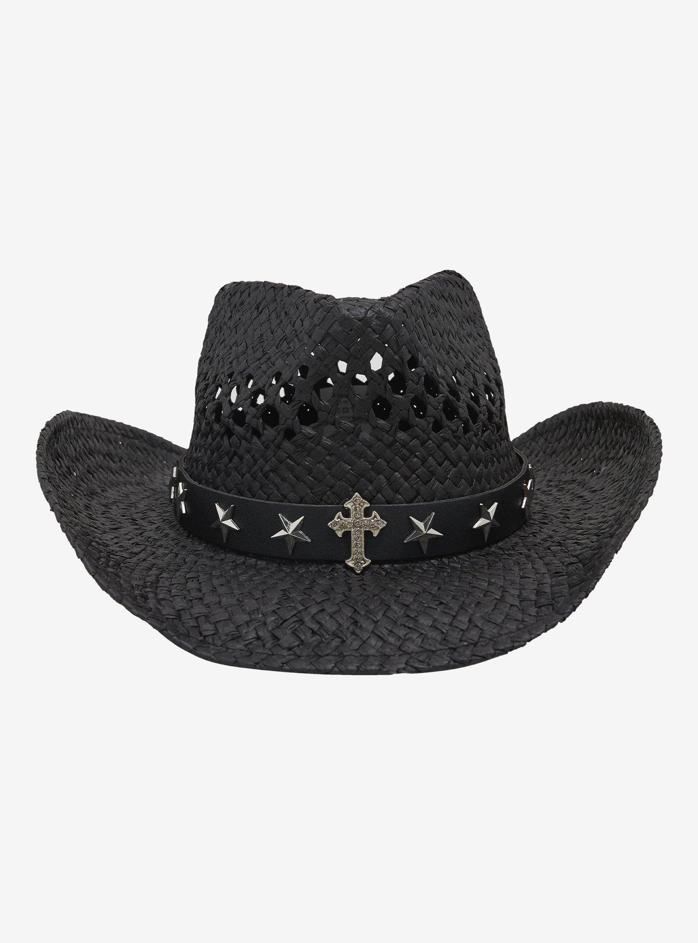 Black Star Cross Straw Cowboy Hat, , hi-res