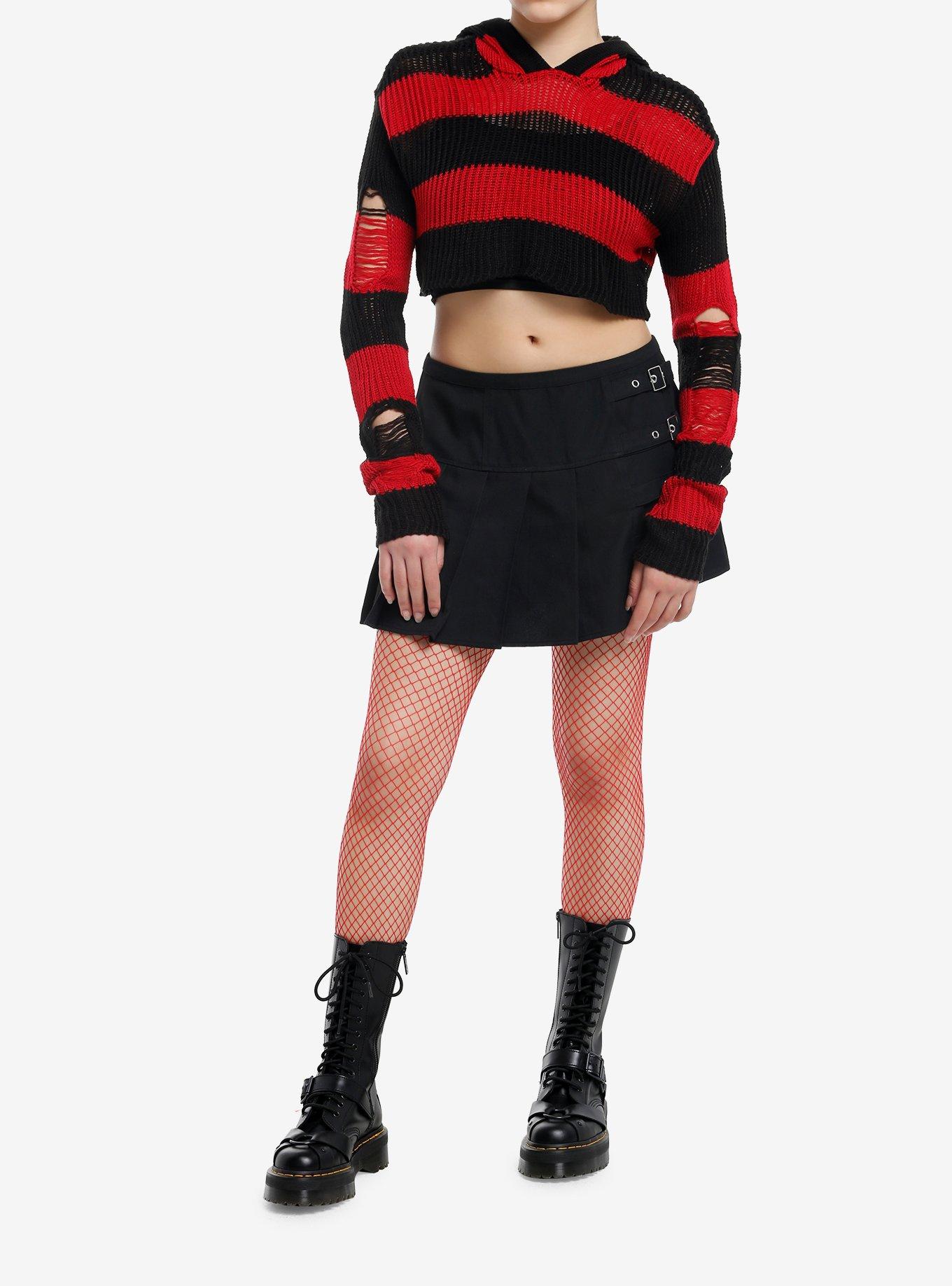 Social Collision Red & Black Stripe Knit Bolero Girls Crop Hoodie, , hi-res