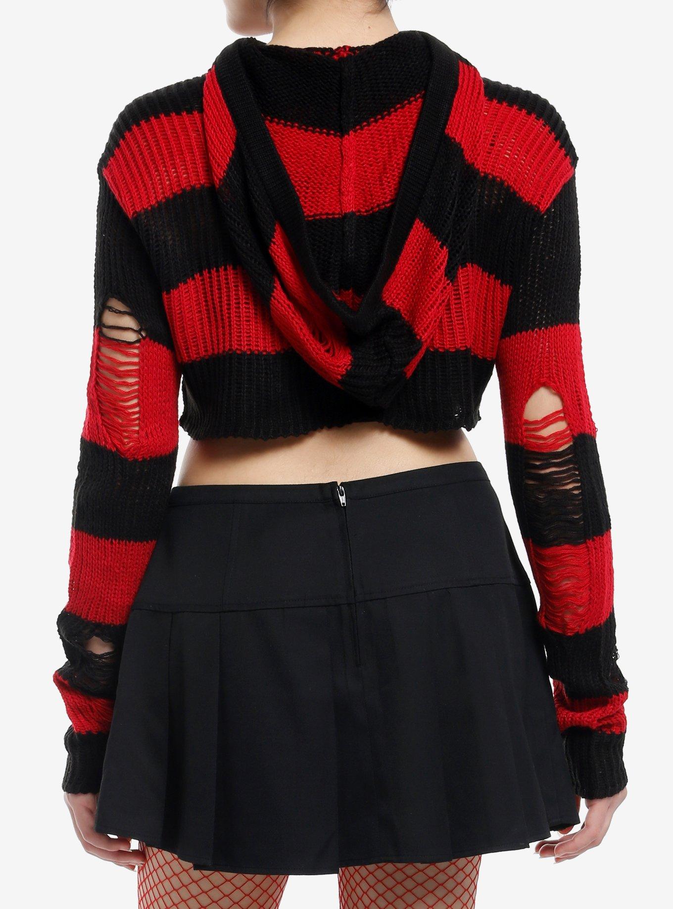 Social Collision Red & Black Stripe Knit Bolero Girls Crop Hoodie, BLACK, alternate