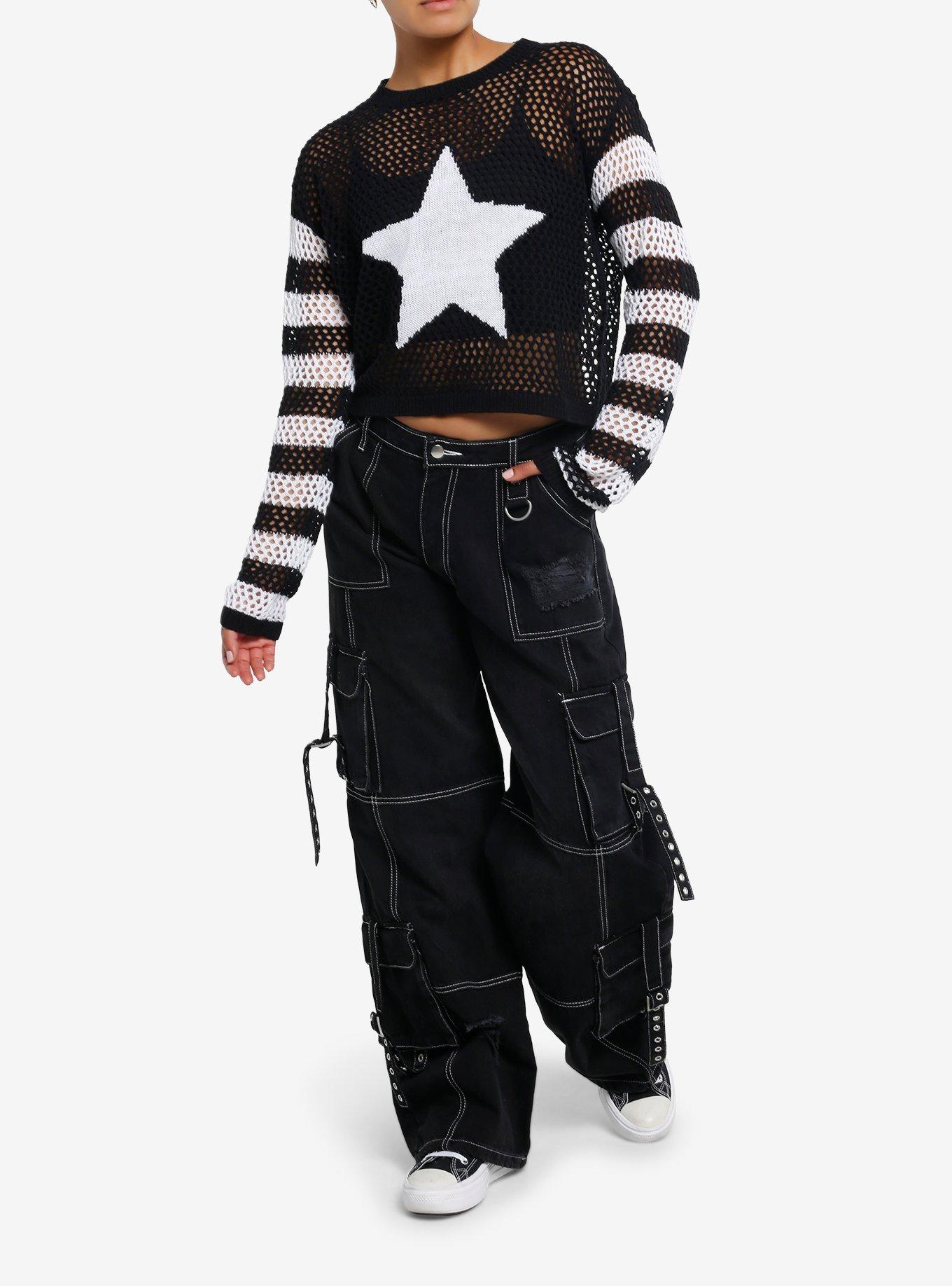 Black & White Star & Stripe Open Knit Girls Crop Sweater, , hi-res