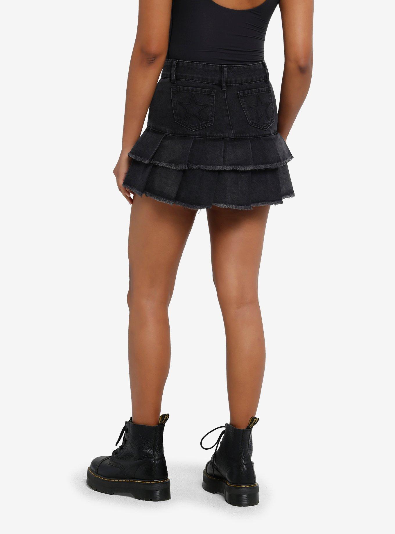 Social Collision Black Stud & Charm Ruffle Denim Mini Skirt, , hi-res