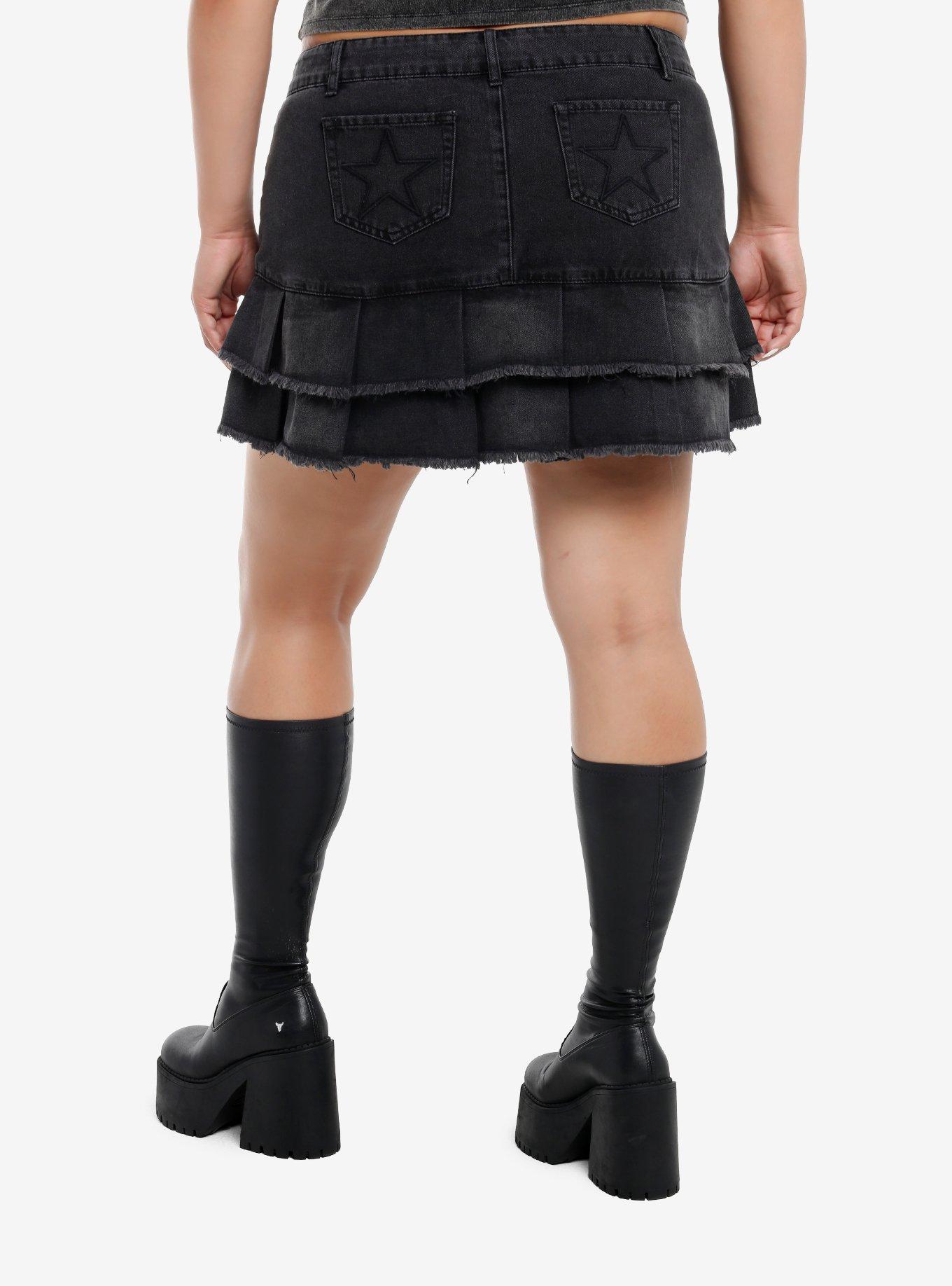 Social Collision Black Stud & Charm Ruffle Denim Mini Skirt Plus Size, , hi-res