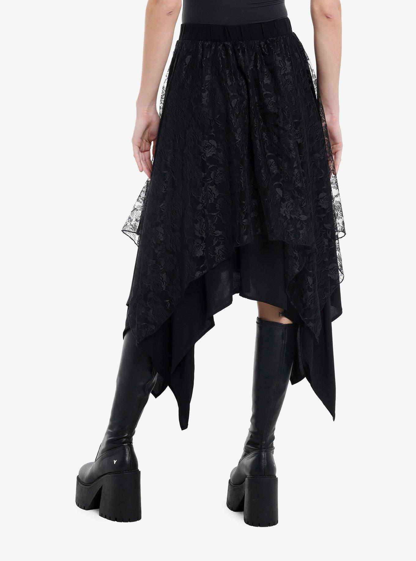 Cosmic Aura Black Rose Lace Hanky Hem Midi Skirt, , hi-res