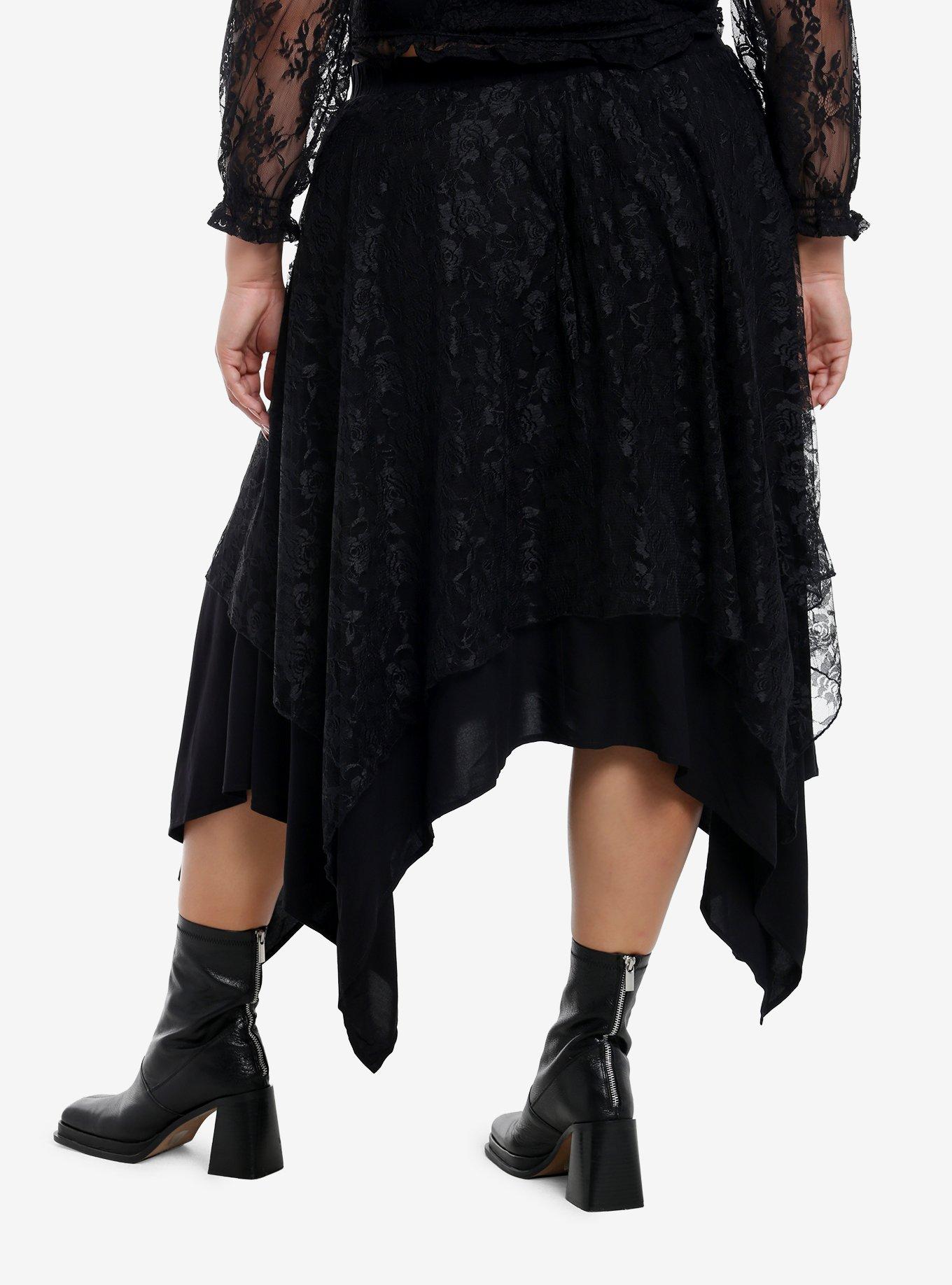 Cosmic Aura Black Rose Lace Hanky Hem Midi Skirt Plus Size, , hi-res