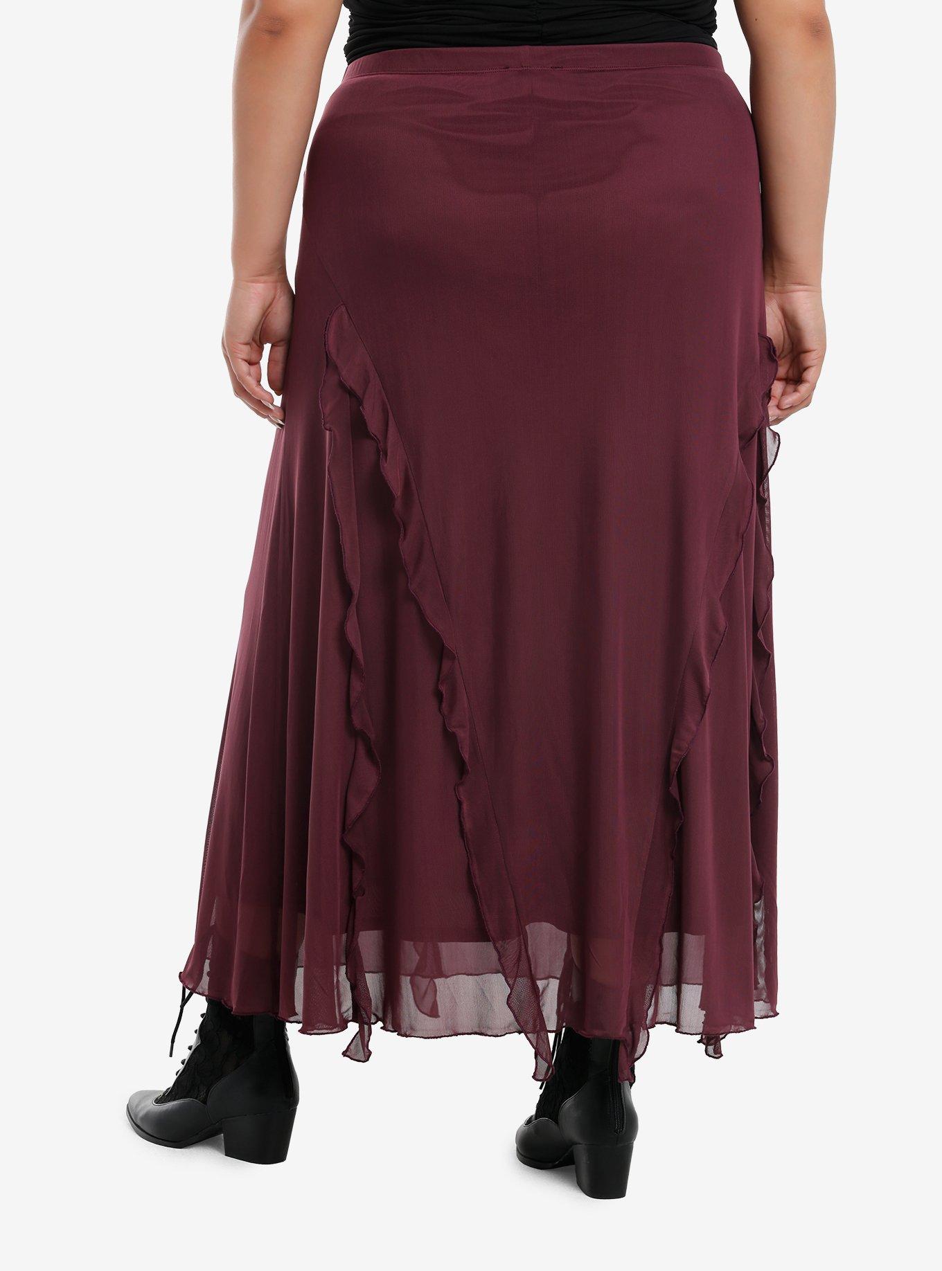 Cosmic Aura Merlot Asymmetrical Ruffle Midaxi Skirt Plus Size, , hi-res