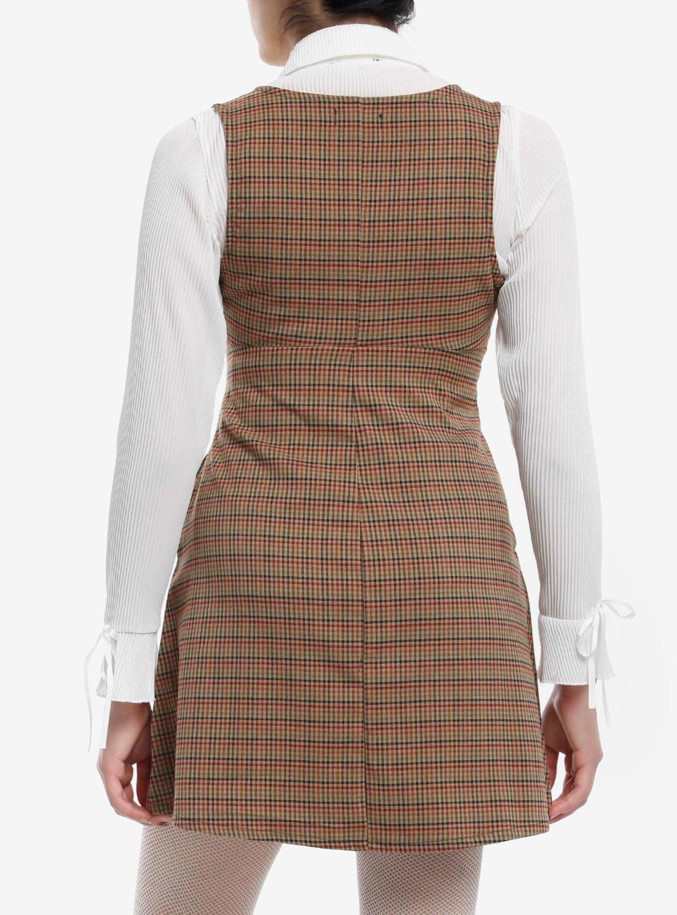 Sweet Society Brown Plaid Apron Mini Dress, RED, alternate