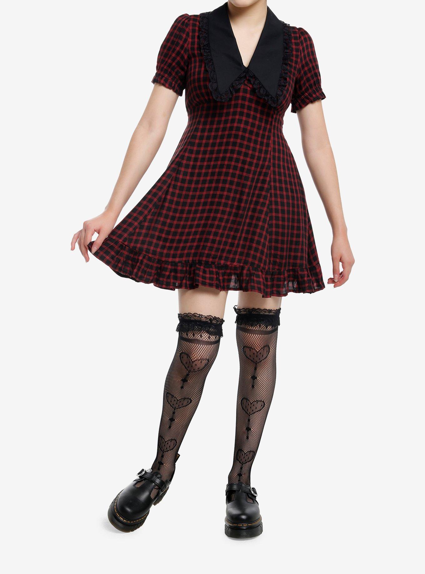 Sweet Society Red & Black Checkered Bib Collar Mini Dress, , hi-res