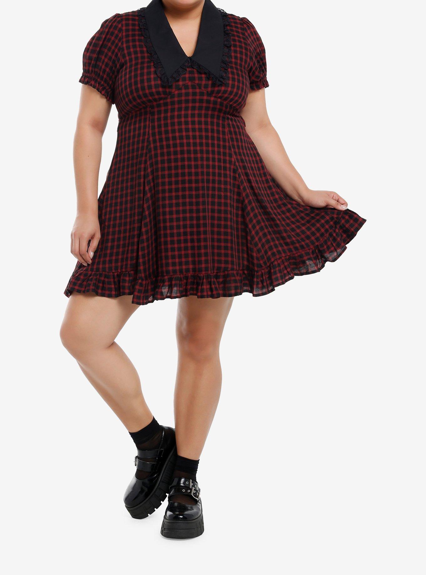 Sweet Society Red & Black Checkered Bib Collar Mini Dress Plus Size, , hi-res