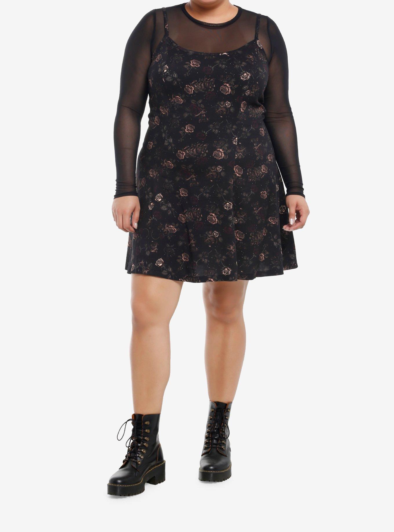 Thorn & Fable Rodents & Roses Mesh Twofer Cami Dress Plus Size, , hi-res
