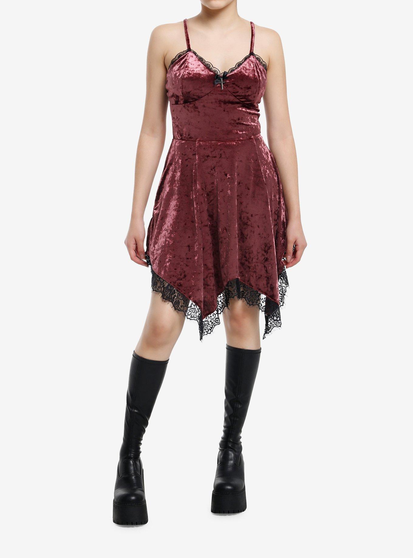 Thorn & Fable Burgundy Velvet & Black Lace Hanky Hem Slip Dress, , hi-res