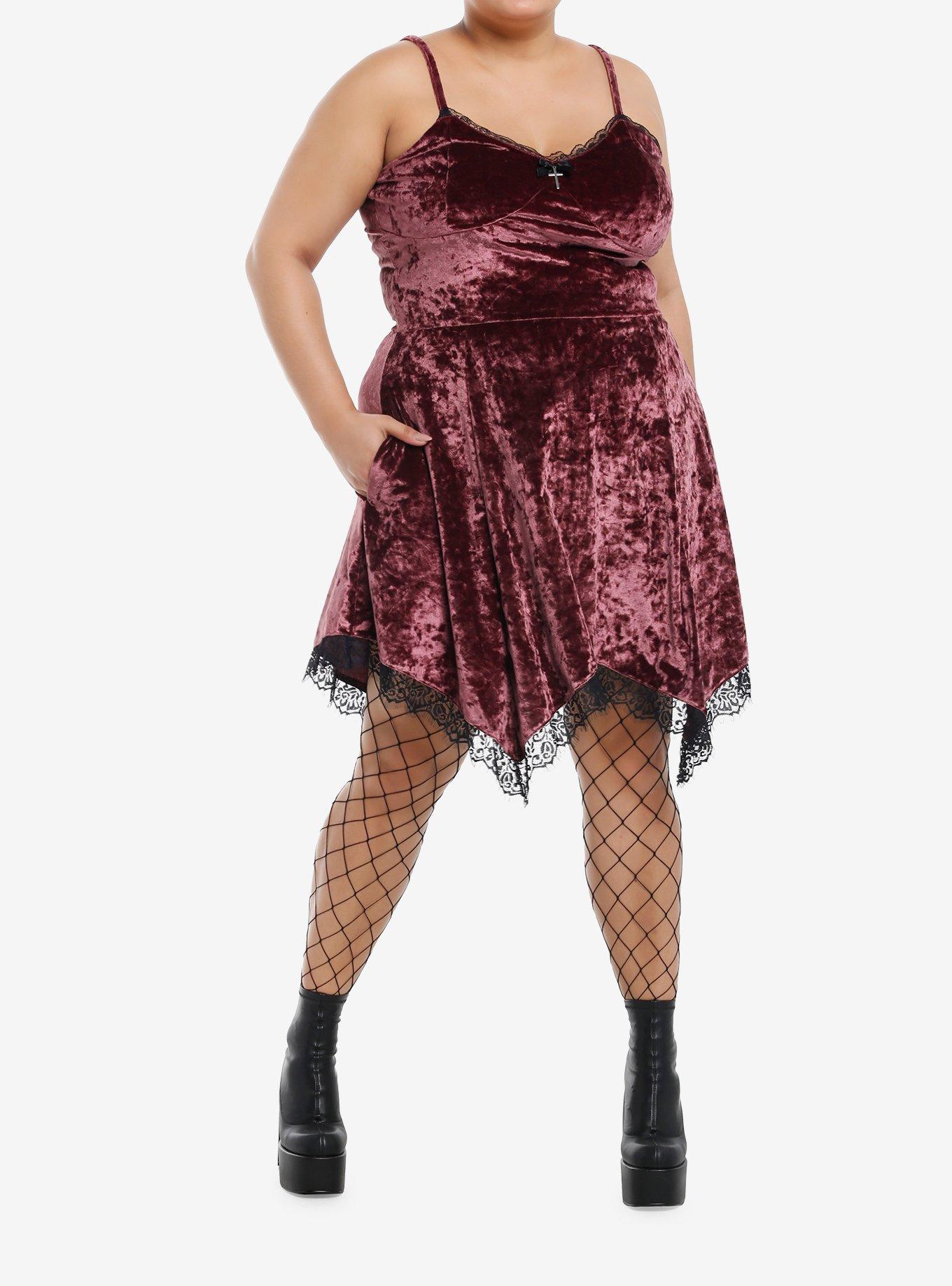 Thorn & Fable Burgundy Velvet & Black Lace Hanky Hem Slip Dress Plus Size, , hi-res