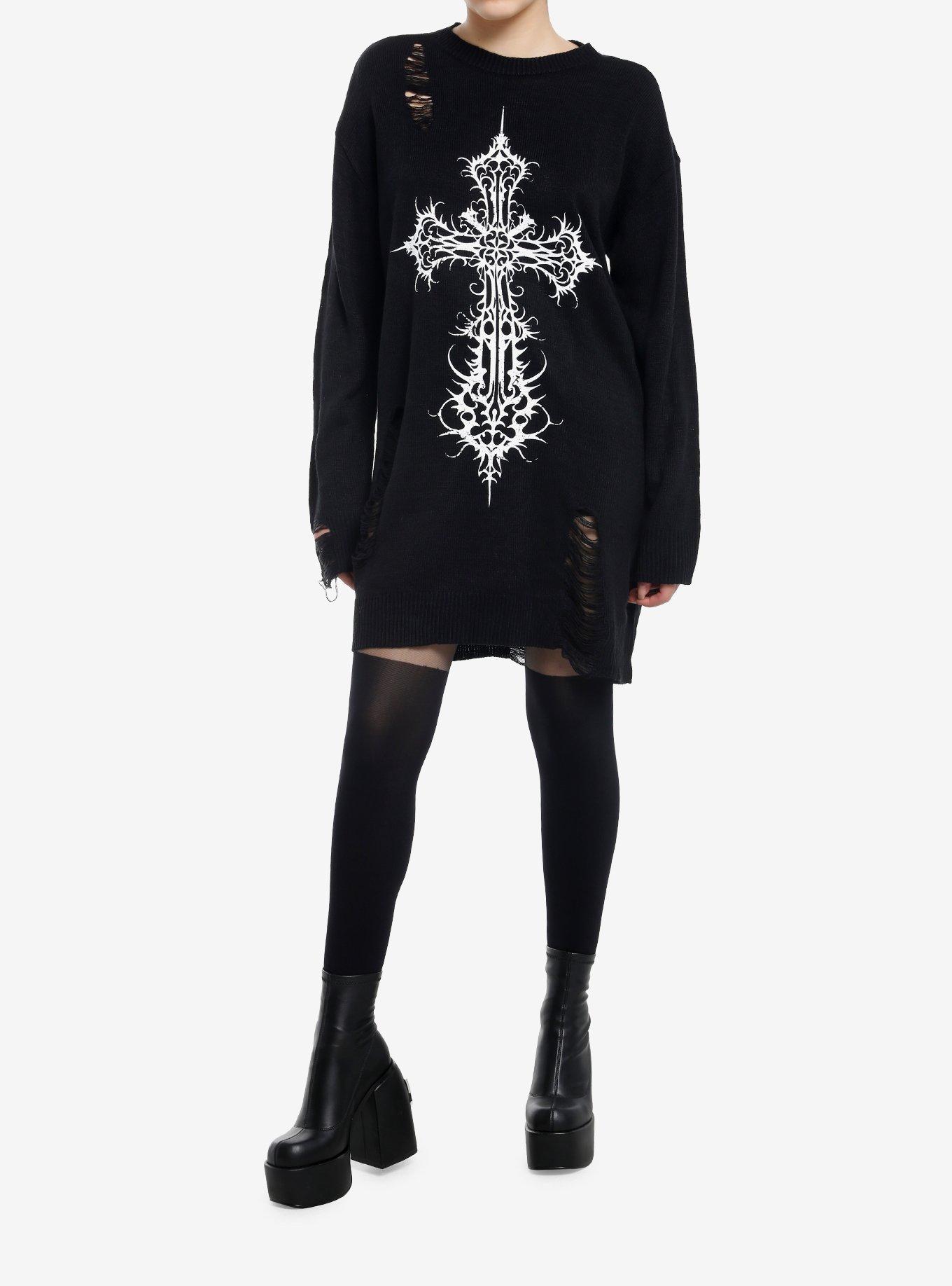 Cosmic Aura Gothic Cross Distressed Sweater Dress, , hi-res