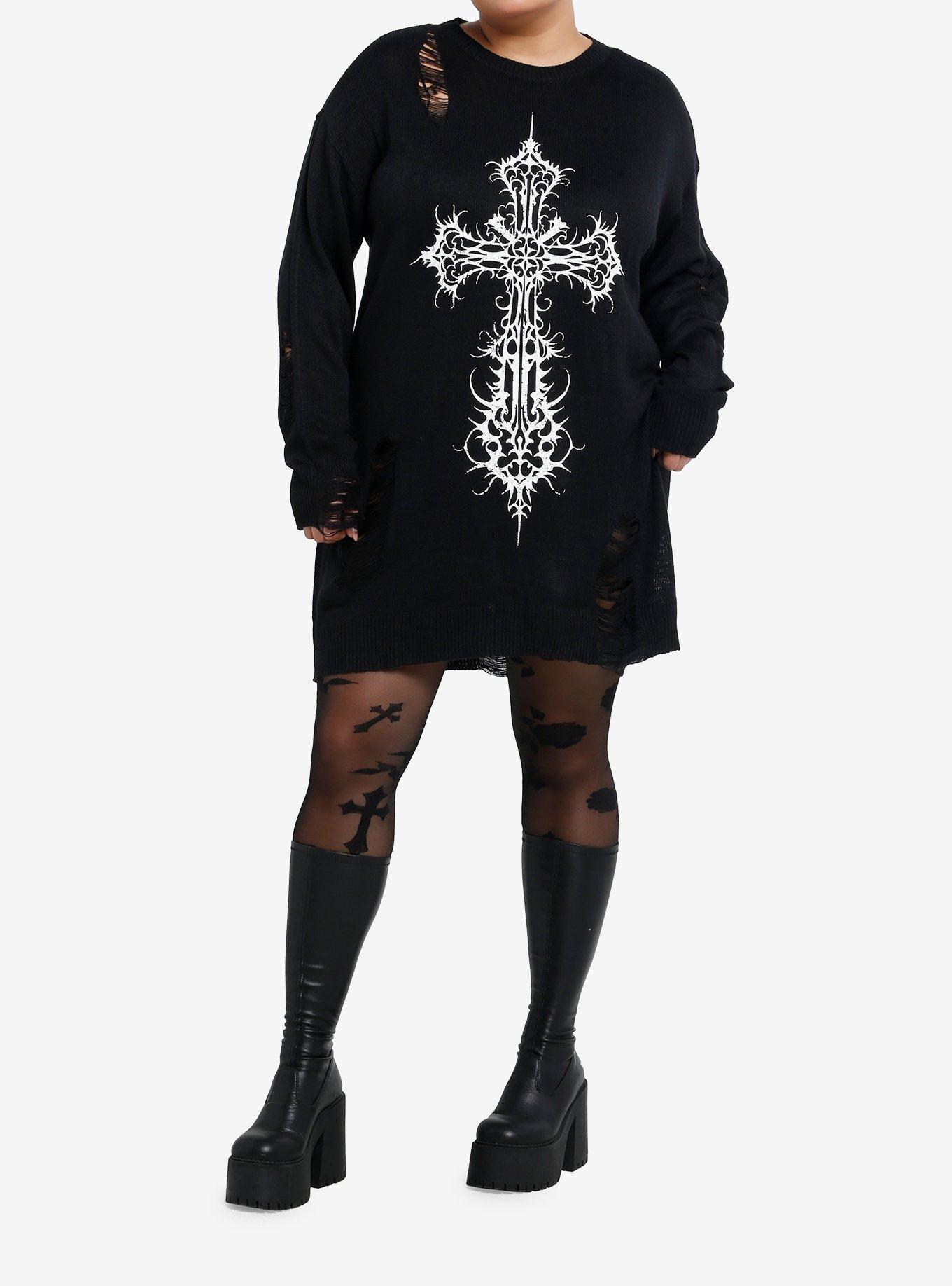 Cosmic Aura Gothic Cross Distressed Sweater Dress Plus Size, , alternate