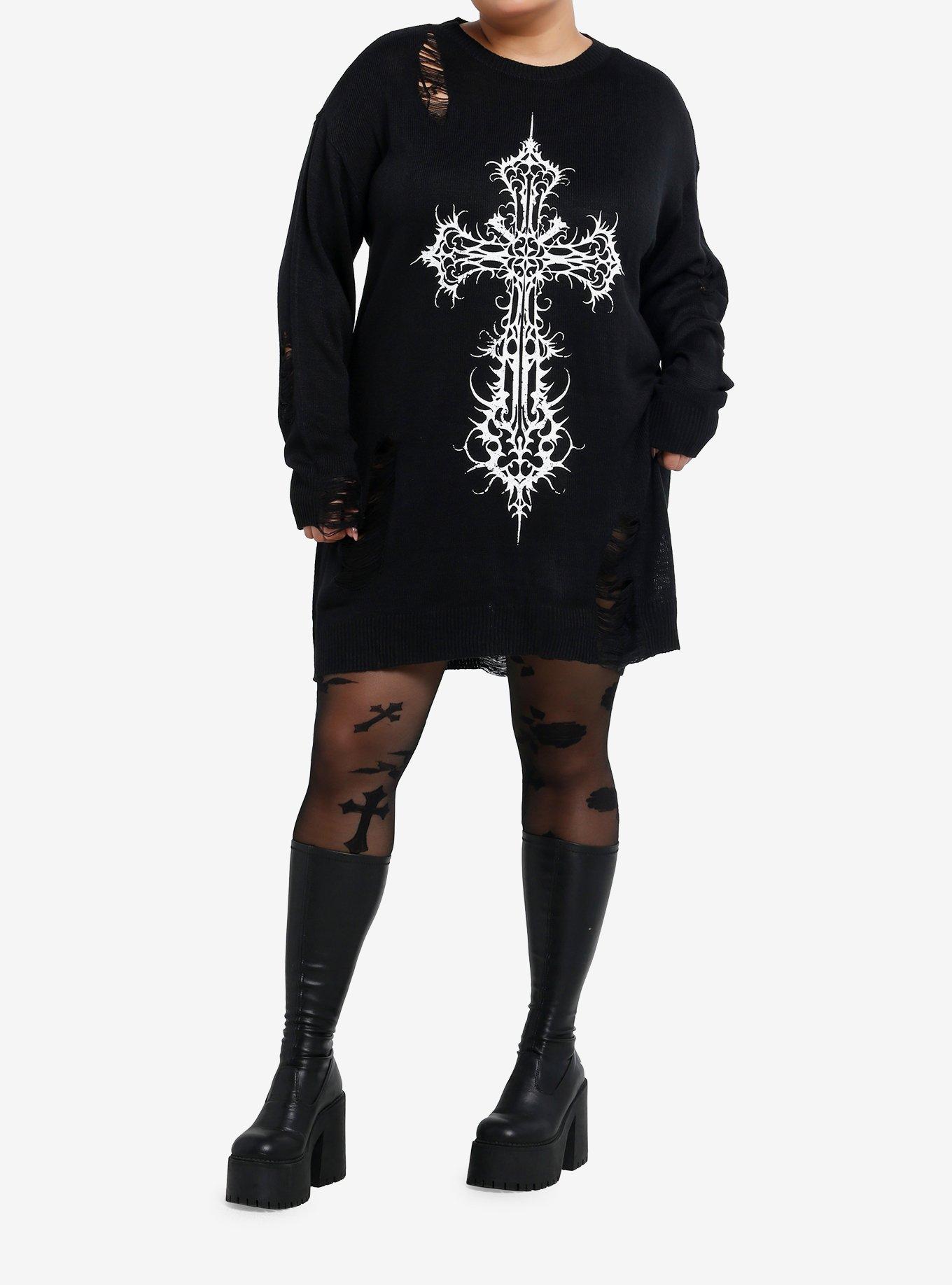 Cosmic Aura Gothic Cross Distressed Sweater Dress Plus Size, , hi-res