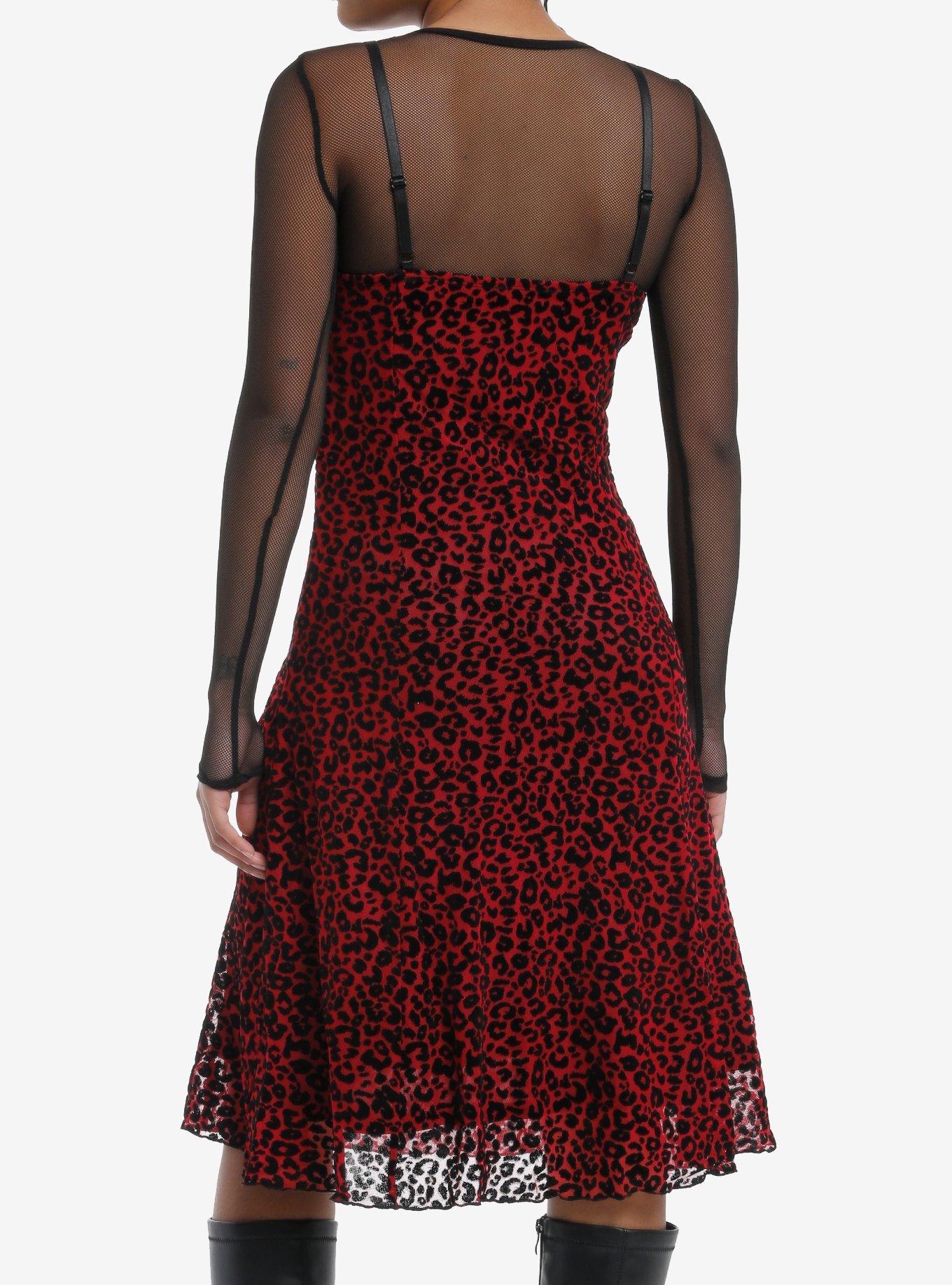 Social Collision Red & Black Leopard Print Fishnet Twofer Dress, BLACK, alternate