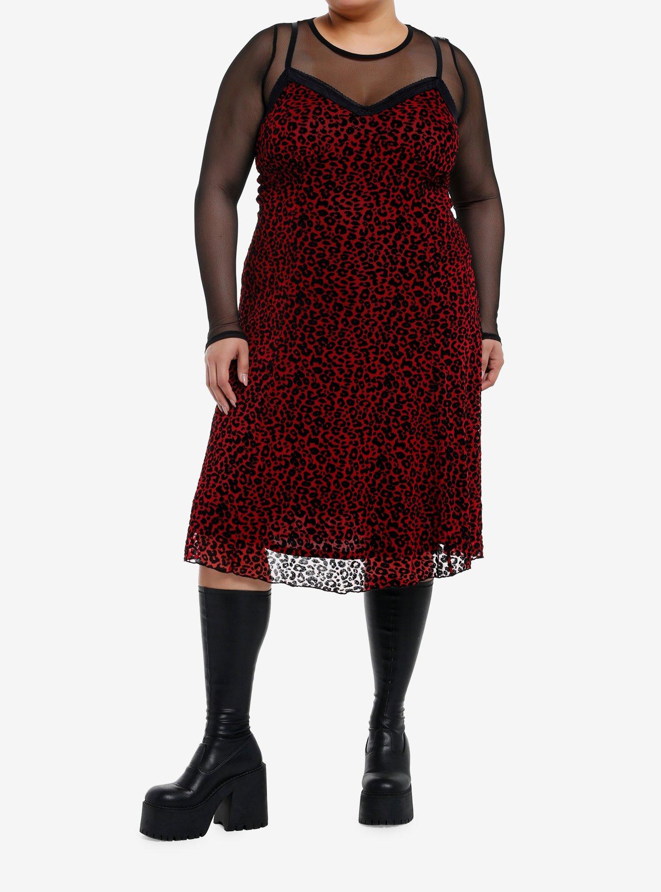 Social Collision Red & Black Leopard Print Fishnet Twofer Dress Plus Size, , hi-res