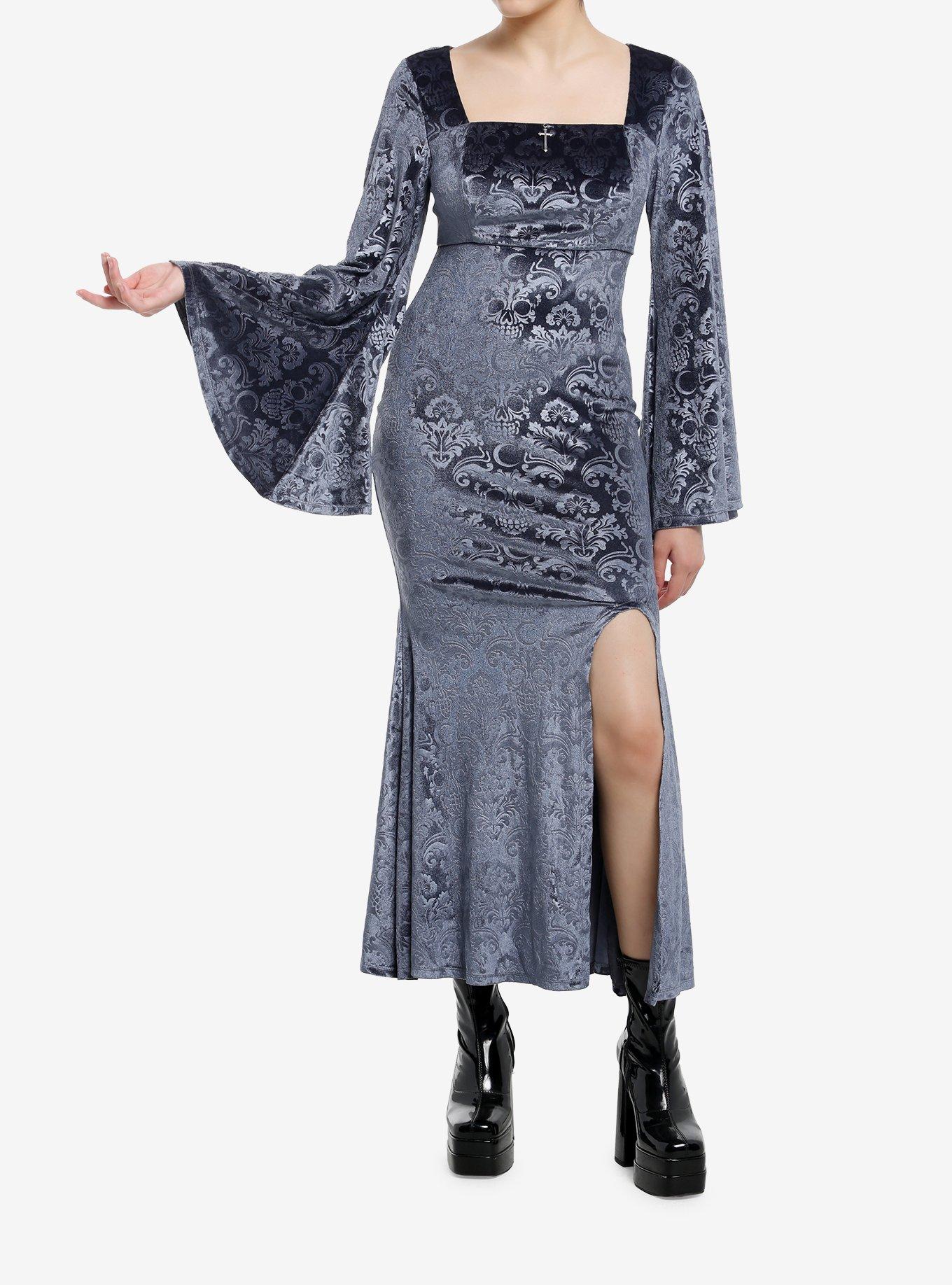 Cosmic Aura Skull Filigree Debossed Velvet Maxi Dress, , hi-res